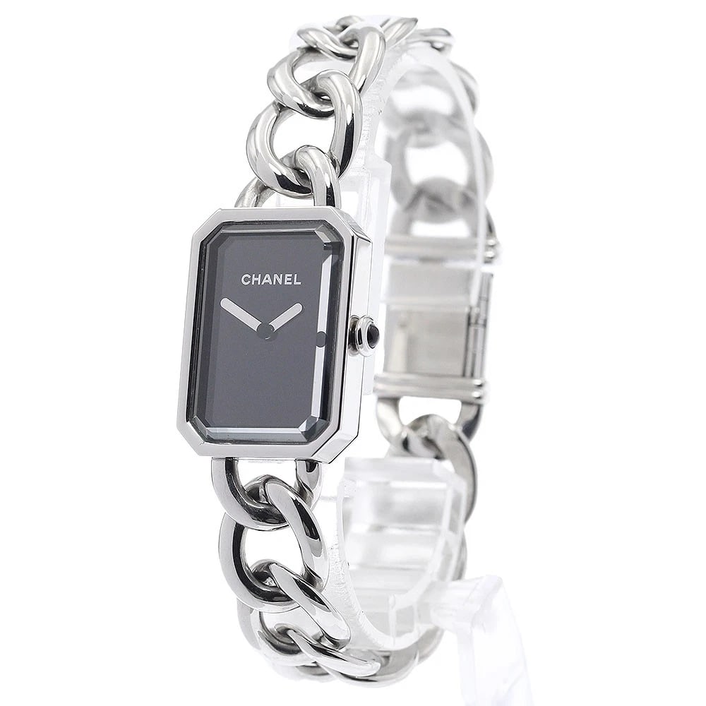 CHANEL PREMIERE BLACK QUARTZ WATCH: CHANEL Premiere black Quartz Watch Brand: CHANEL Type: Wristwatch Material: Band Material Stainless Steel, Case Material Stainless Steel Color: Band Color Silver, Dial Colorblack, Case ColorSilver Siz