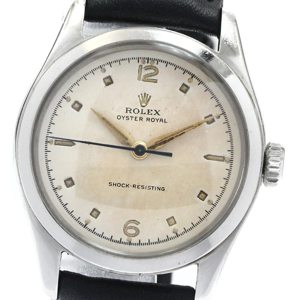ROLEX OYSTER ROYAL SILVER WATCH: ROLEX Oyster Royal Silver Watch Brand: ROLEX Type: Wristwatch Material: Band Material leather, Case Material Stainless Steel Color: Band Color black, Dial ColorSilver, Case ColorSilver Size: Case Size