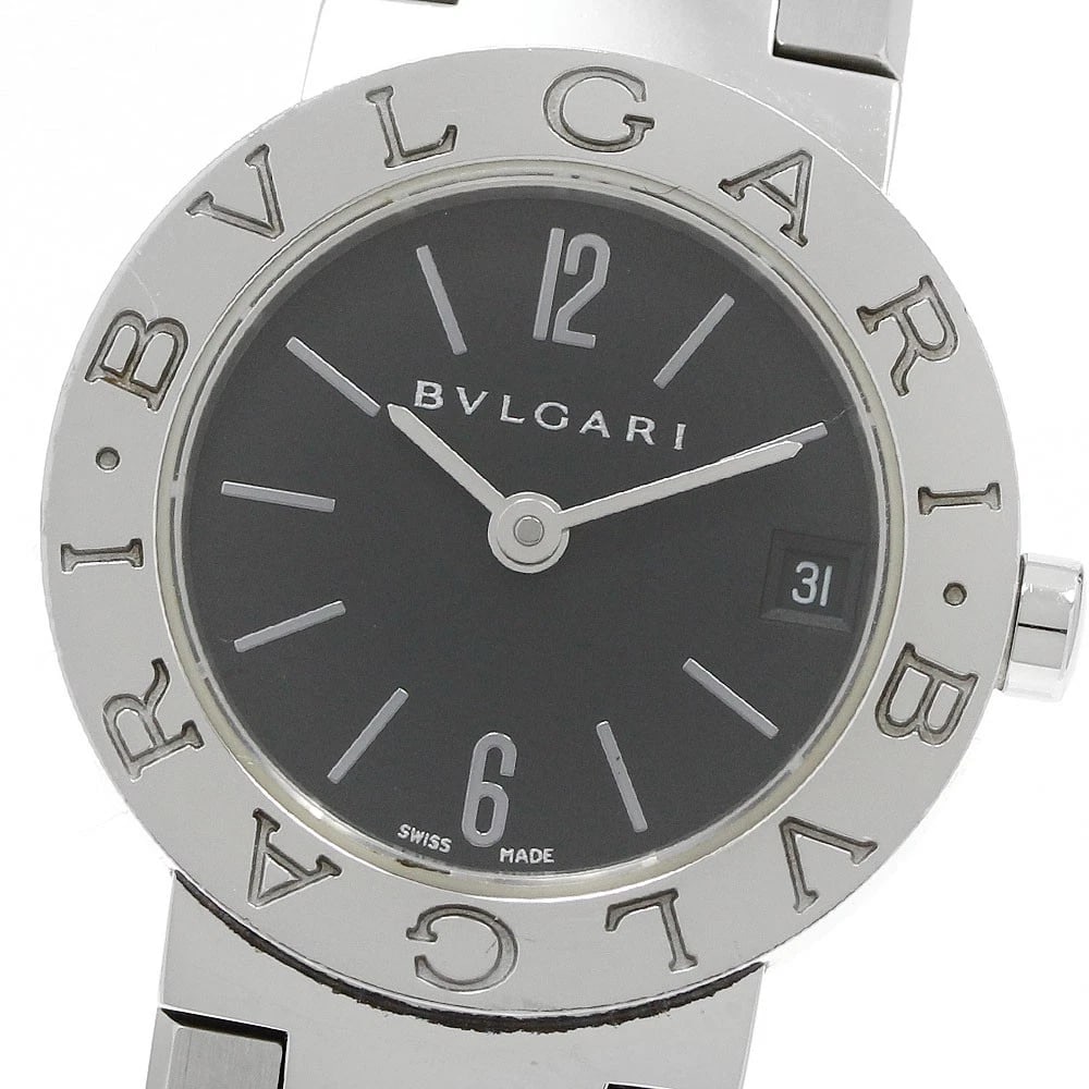 BVLGARI DATE BLACK QUARTZ WATCH: BVLGARI Date black Quartz Watch Brand: BVLGARI Type: Wristwatch Material: Band Material Stainless Steel, Case Material Stainless Steel Color: Band Color Silver, Dial Colorblack, Case ColorSilver Size: