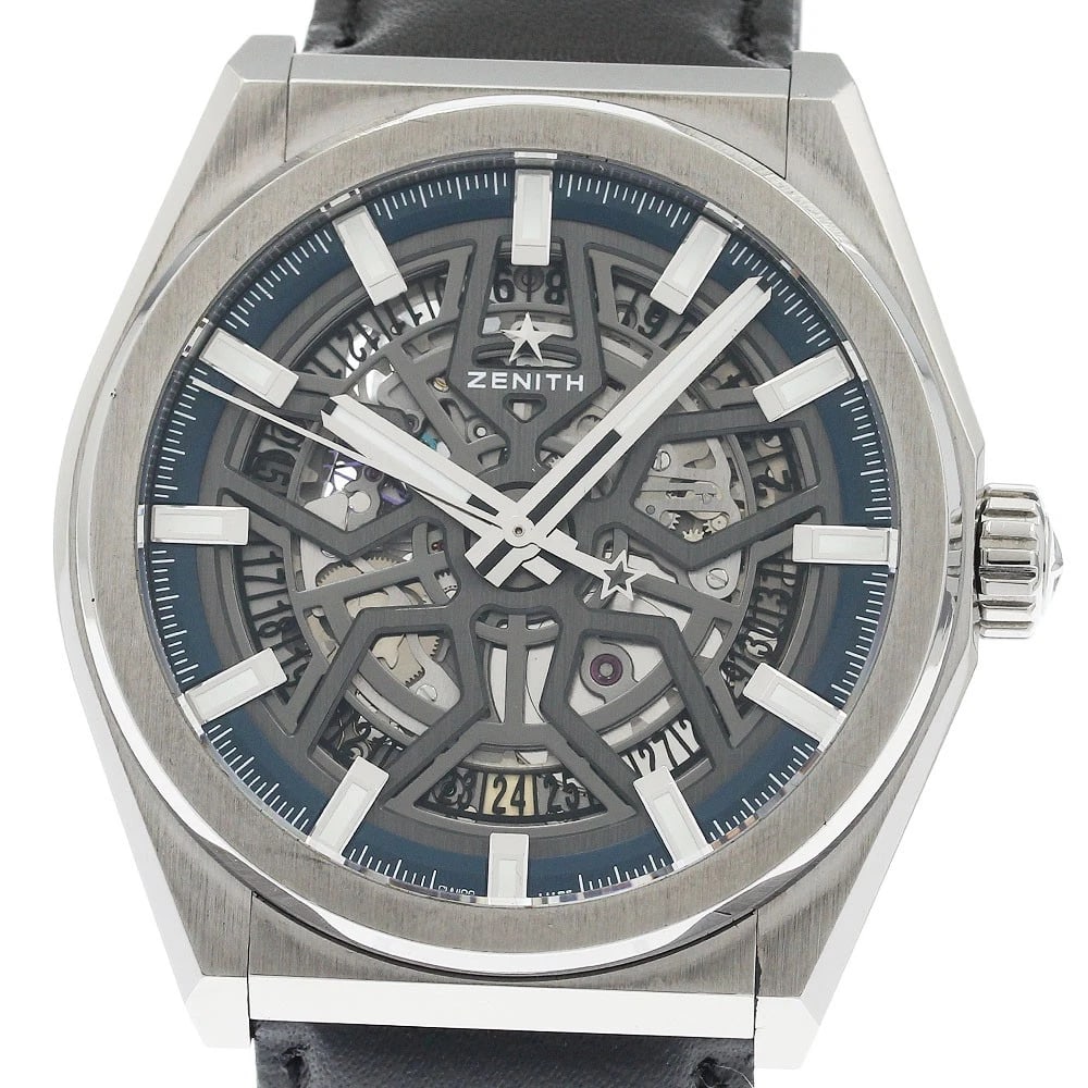 ZENITH DATE SKELETON AUTOMATIC WATCH: ZENITH Date skeleton Automatic Watch Brand: ZENITH Type: Wristwatch Material: Band Material leather, Case Material titanium Color: Band Color black, Dial Colorskeleton, Case ColorSilver Size: Case Siz