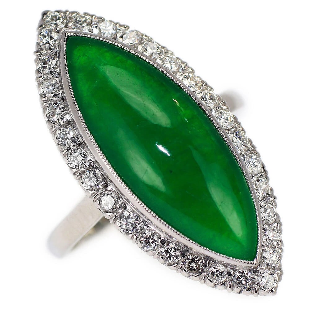 MIKIMOTO PT850 JADE/JADE DIAMOND RING: Mikimoto Pt850 Jade/Jade Diamond Ring Brand: Mikimoto Type: rings Material: PT850, Main Stone/Creation jade Side Stone Diamond Color: Silver Size: 5.5 - 5.75US Accessories: None Accessories Notice: