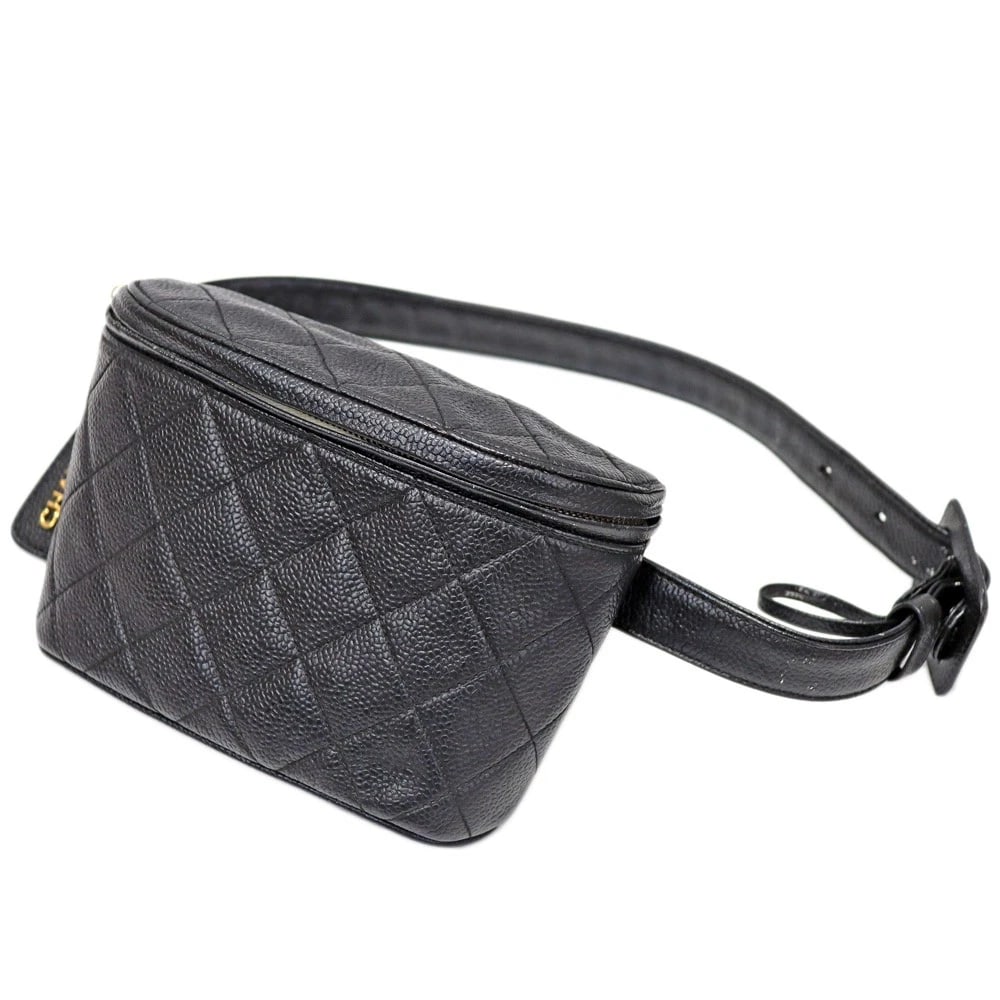 CHANEL CAVIAR SKIN WAIST POUCH BELT BAG BLACK WITH GUARANTEE CARD: Chanel Caviar Skin Waist Pouch Belt Bag Black with Guarantee Card Brand: CHANEL Type: Handbag Material: Caviar Skin Color: Black/Gold hardware Size: W17cm x H12cm x D2cm Accessories: None