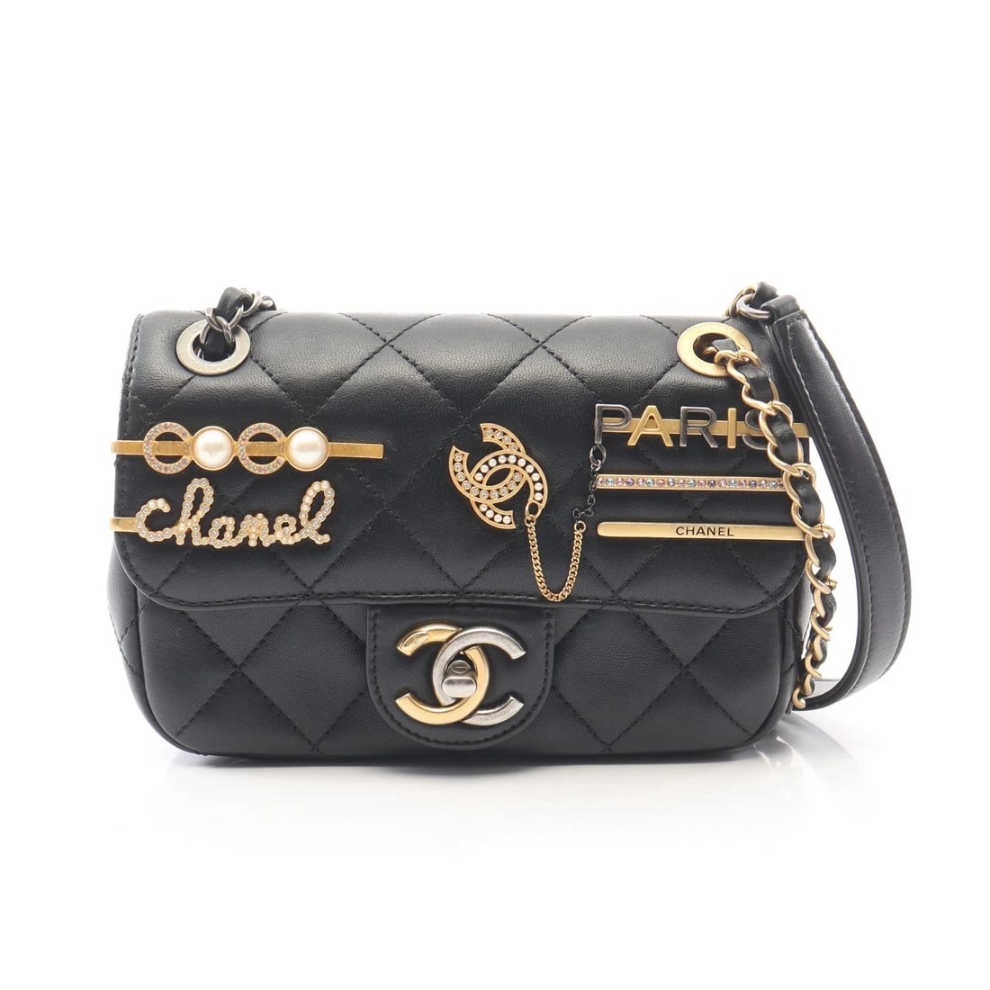 CHANEL MATELASSE SHOULDER BAG BLACK LAMBSKIN LEATHER: Chanel Matelasse Shoulder Bag Black Lambskin Leather Brand: Chanel Type: Shoulder Bag Material: Lambskin Leather Color: Black Size: W17cm x H11cm x D5cm Accessories: None Accessories Notic