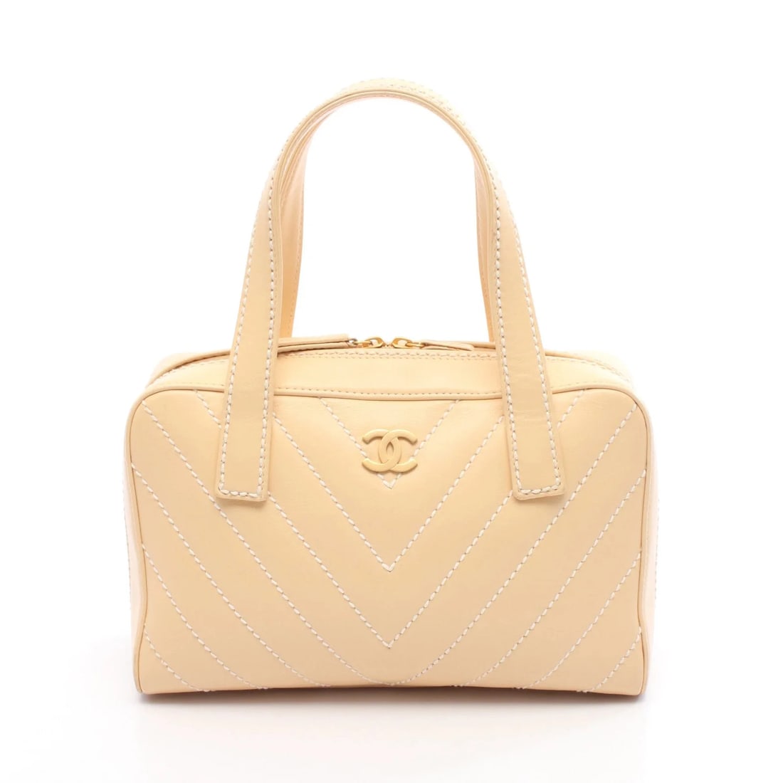 CHANEL CHEVRON V STITCH HANDBAG BEIGE LEATHER: Chanel Chevron V Stitch Handbag Beige Leather Brand: Chanel Type: Handbag Material: Leather Color: Beige Size: W28.5cm x H18cm x D11cm Accessories: None Accessories Notice: When purchasing