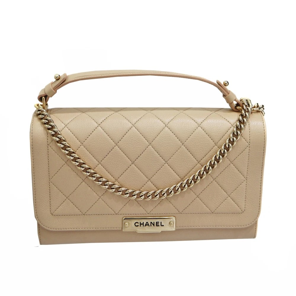 CHANEL CLICK LABEL SHOULDER BAG: Chanel Click Label Shoulder Bag Brand: CHANEL Type: Handbag Material: leather Color: Beige with gold hardware Size: W29cm x H19cm x D10cm Accessories: None Accessories Notice: When purchas