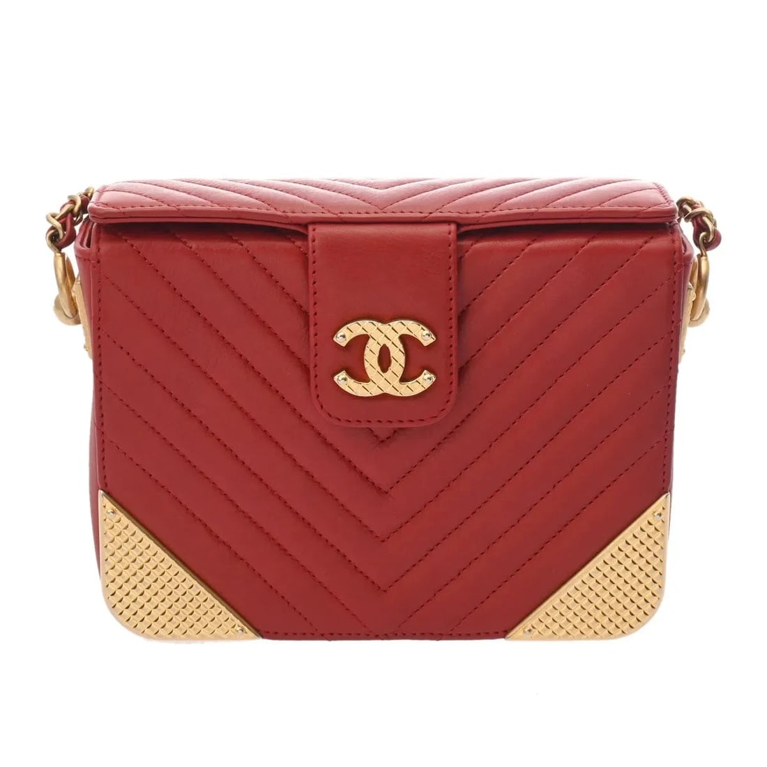 CHANEL HANDBAG SHOULDER BAG CALFSKIN GOLD, RED: Chanel Handbag Shoulder Bag Calfskin Gold, Red Brand: Chanel Type: Shoulder Bag Material: Calfskin Color: Gold, Red Size: W 17cm / H 13cm / D 5.5cm Accessories: None Accessories Notice: Wh