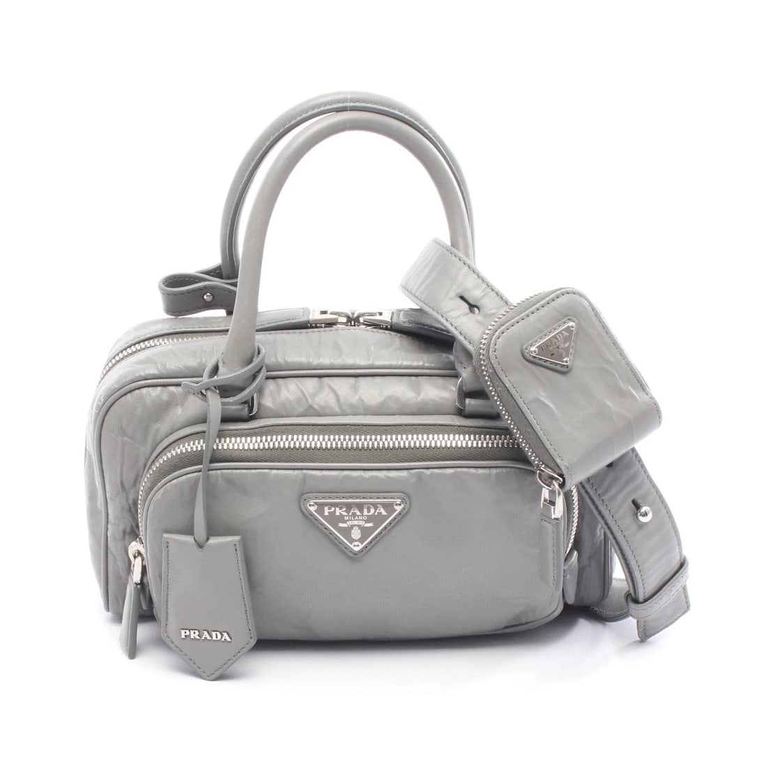 PRADA 2WAY HANDBAG GRAY LEATHER: Prada 2WAY Handbag Gray Leather Brand: Prada Type: Handbag Material: Leather Color: Gray Size: W24cm x H15cm x D7cm Accessories: None Accessories Notice: When purchasing pre-owned goods, p