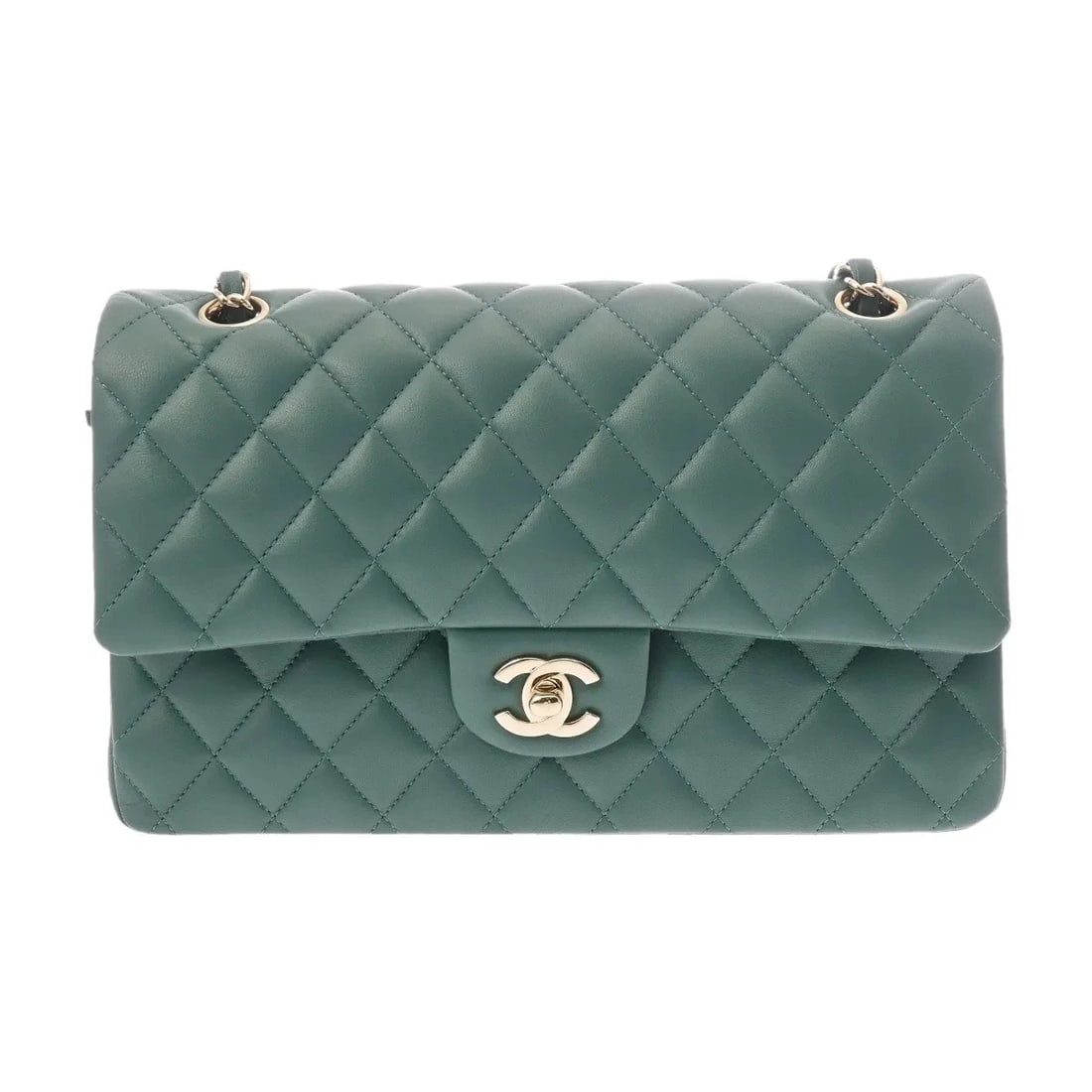CHANEL SHOULDER BAG LAMBSKIN SILVER, GREEN (1 of 6)