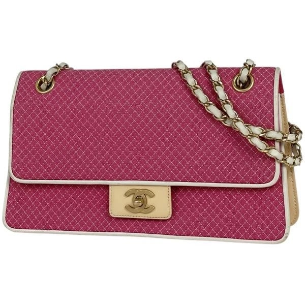 CHANEL COCO MARK CHAIN SHOULDER BAG: Chanel Coco Mark Chain Shoulder Bag Brand: Chanel Type: Coco Mark Chain Shoulder Bag Material: Fabric Leather Color: Pink Beige Size: Depth 7 cm Width 26 cm Height 16 cm Accessories: None