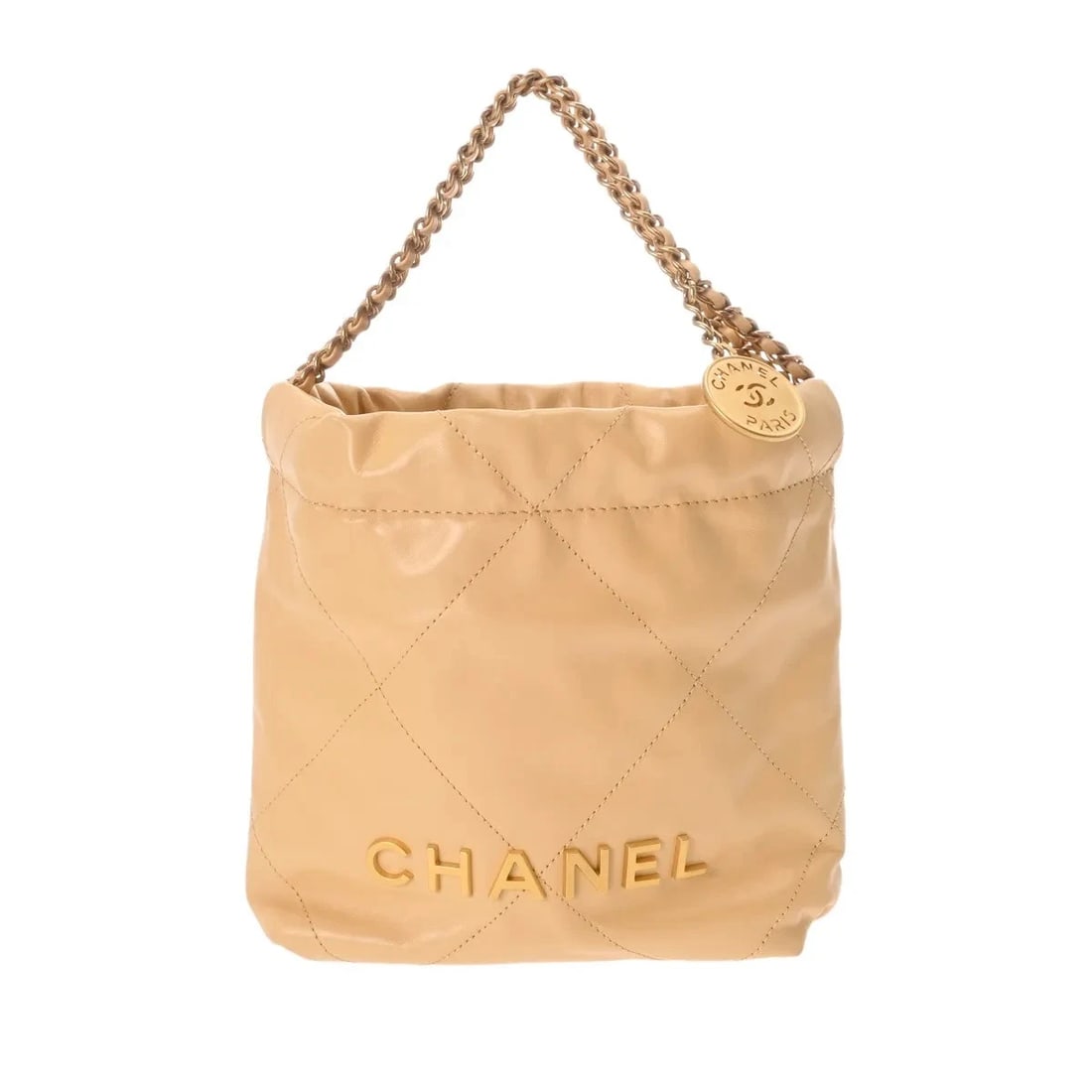 CHANEL HANDBAG CALFSKIN GOLD, BEIGE: Chanel Handbag Calfskin Gold, Beige Brand: Chanel Type: Handbag Material: Calfskin Color: Gold, Beige Size: W 22.5cm / H 19cm / D 6.5cm Accessories: None Accessories Notice: When purchasin