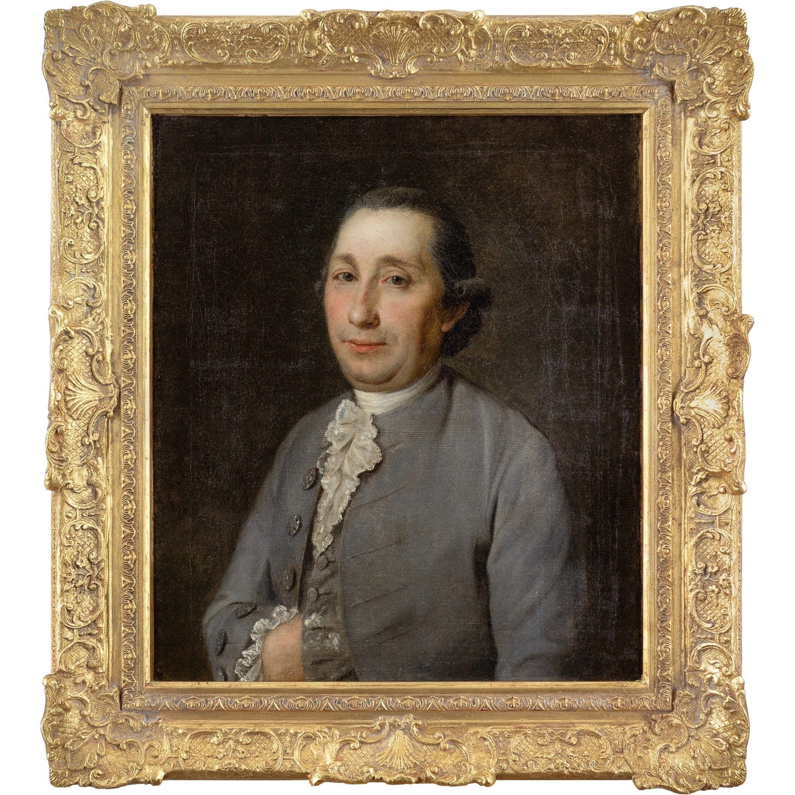 FRENCH SCHOOL OF THE MID-18TH CENTURY A GENTLEMAN'S PORTRAIT WITH A LACE JABOT: Year: c. 1765 Size: 26½” x 29½” / 68cm x 75cm Medium: Oil on canvas Description: This French oil painting from the middle of the eighteenth century shows a bourgeois gentlema