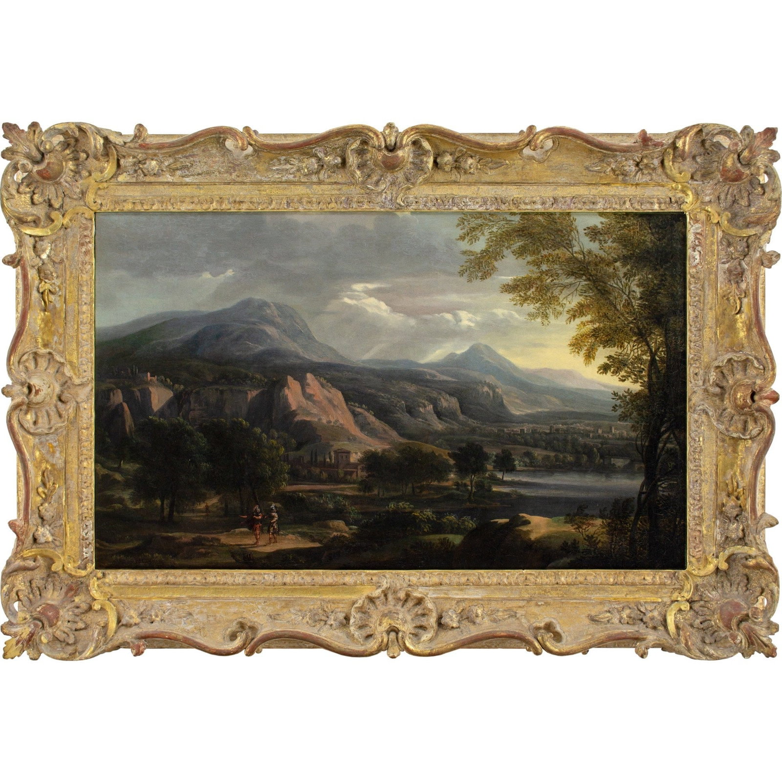 AN ITALIANATE LANDSCAPE FEATURING ROMAN SOLDIERS, ATTRIBUTED TO FRANZ JOACHIM BEICH: Year: c. 1730 Size: 36½” x 25” / 93cm x 64cm Medium: Oil on canvas Description: The German artist Franz Joachim Beich (1665–1748) is credited with creating this large oil painting