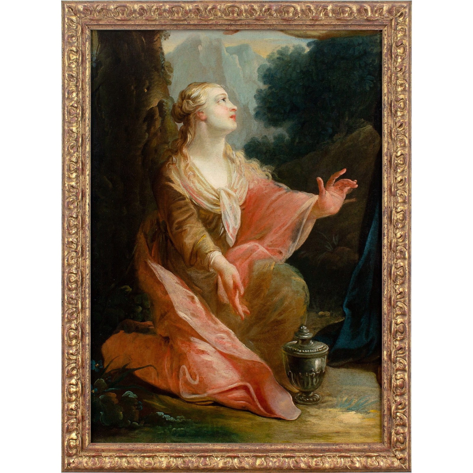 THE VENETIAN SCHOOL OF THE 18TH CENTURY NOLI ME TANGERE MARY MAGDALENE: Year: c. 1780 Size: 32” x 43½” / 81cm x 110cm Medium: Oil on canvas Description: Mary Magdalene is shown kneeling next to an alabaster jar in this fragment of an Italian oil paintin