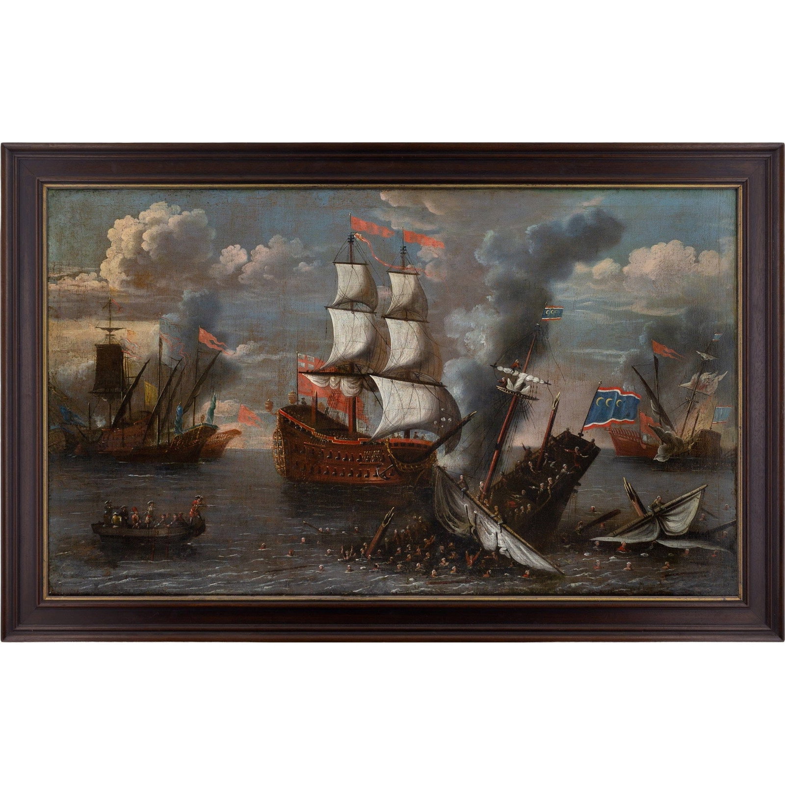 ISAAC SAILMAKER (CIRCLE) BARBARY CORSAIRS AND AN ENGLISH WARSHIP IN COMBAT: Year: c. 1690 Size: 63½” x 43½” / 162cm x 103cm Medium: Oil on canvas Description: The infamous Barbary Corsairs are defeated by a number of British ships in this massive and