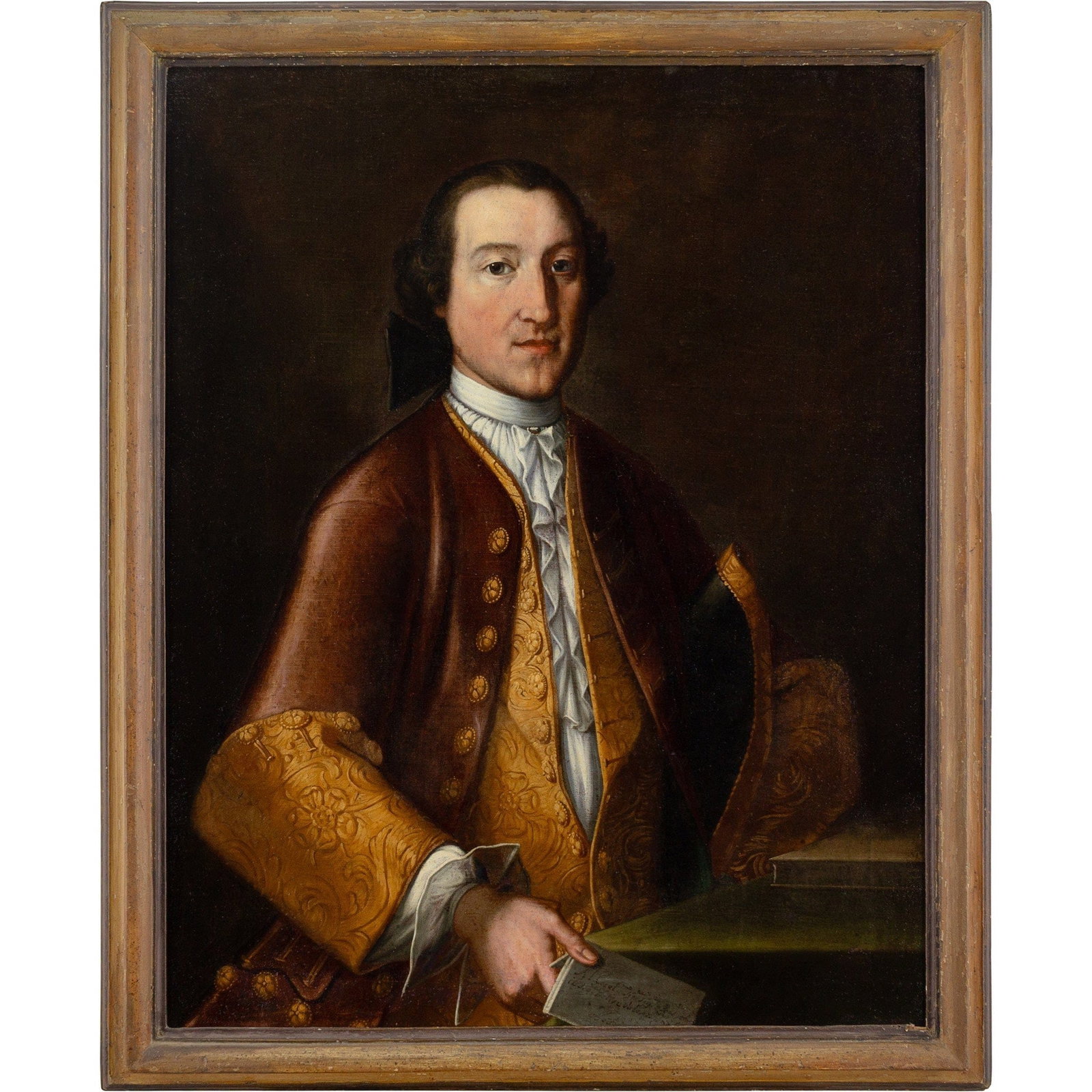 TUSCAN SCHOOL PORTRAIT OF A GENTLEMAN HOLDING A LETTER, MID-18TH CENTURY: Year: c. 1750 Size: 31” x 38” / 79cm x 97cm Medium: Oil on canvas Description: Painted in Tuscany in 1750, this elegant mid-18th-century Italian portrait depicts a respectable gentleman wi