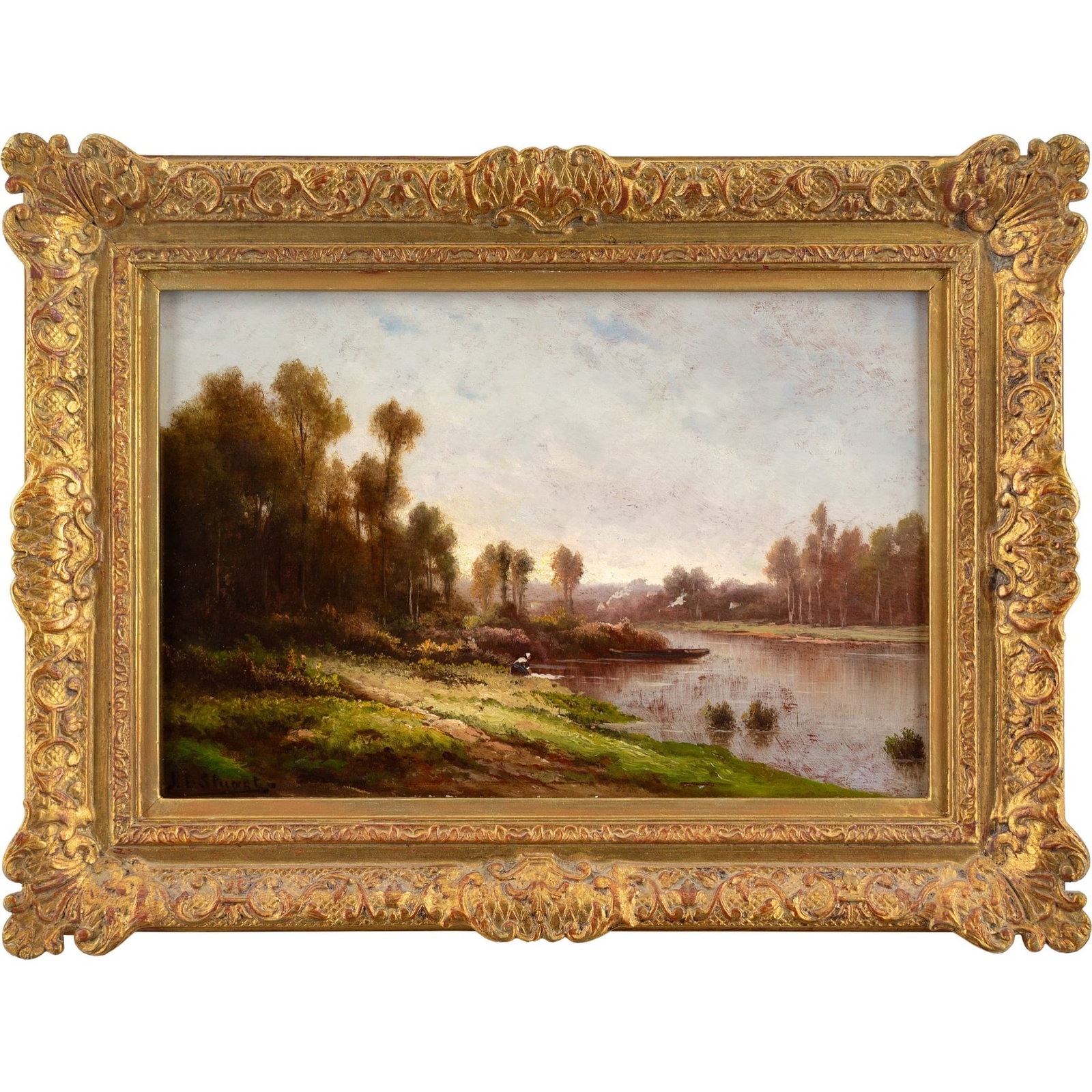 ROBERT T. STUART RIVER SCENE WITH WASHERWOMAN: Year: c. 1890 Size: 21” x 15½” / 52cm x 40cm Medium: Oil on panel Description: This calm late 19th-century oil painting by Robert T Stuart (XIX) depicts a picturesque river landscap