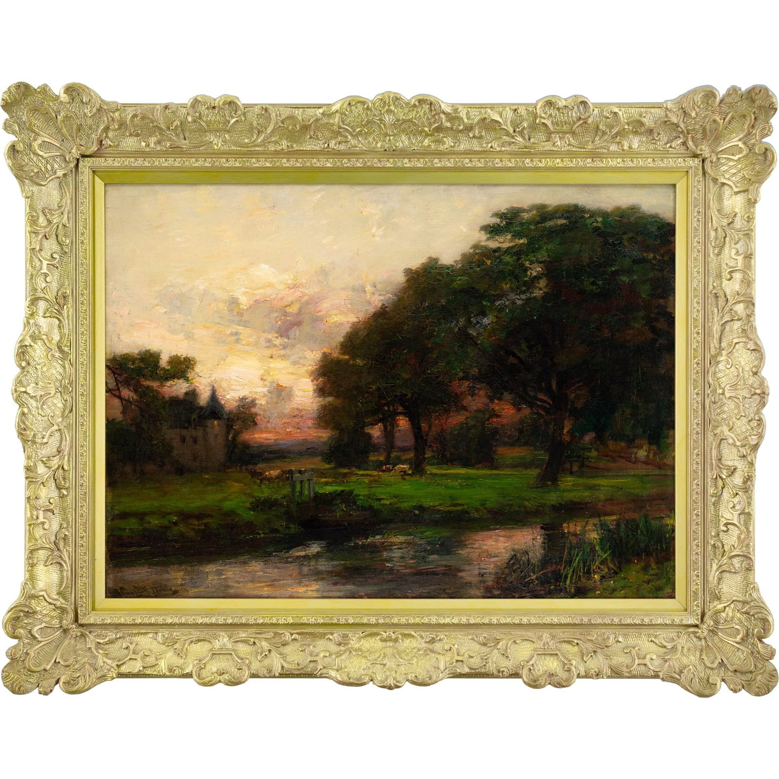 EVENING OF JAMES CAMPBELL NOBLE RSA: Year: c. 1880 Size: 38” x 30½” / 97cm x 77cm Medium: Oil on canvas Description: Scottish painter James Campbell Noble (1846–1913) depicts a serene rural pastoral scene at nightfal