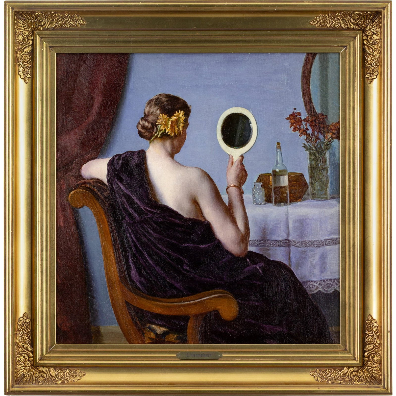 AT THE DRESSING TABLE, SOPHUS VERMEHREN: Year: c. 1905 Size: 24½” x 25” /62cm x 63cm Medium: Oil on canvas Description: Sophus Vermehren (1866–1950), a Danish artist, created this exquisite oil painting in the early 20th
