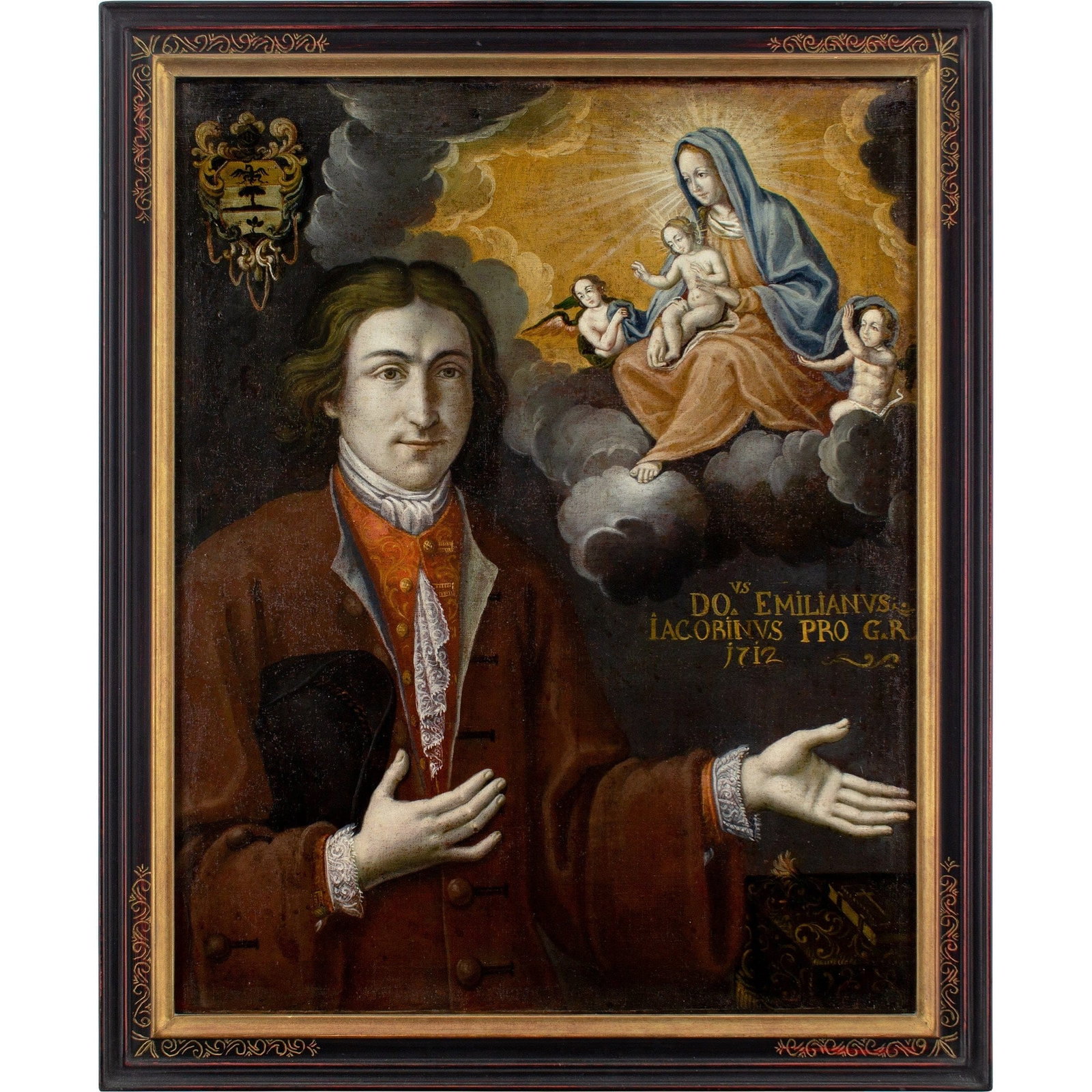 FRENCH SCHOOL IN THE EARLY 18TH CENTURY EX-VOTO PORTRAIT OF EMILIAN JACOBIN, CHRIST, ANGELS, AND THE: Year: 1712 Size: 26½” x 32½” / 67cm x 82cm Medium: Oil on canvas Description: This magnificent French oil painting from the early eighteenth century depicts the Virgin Mary w