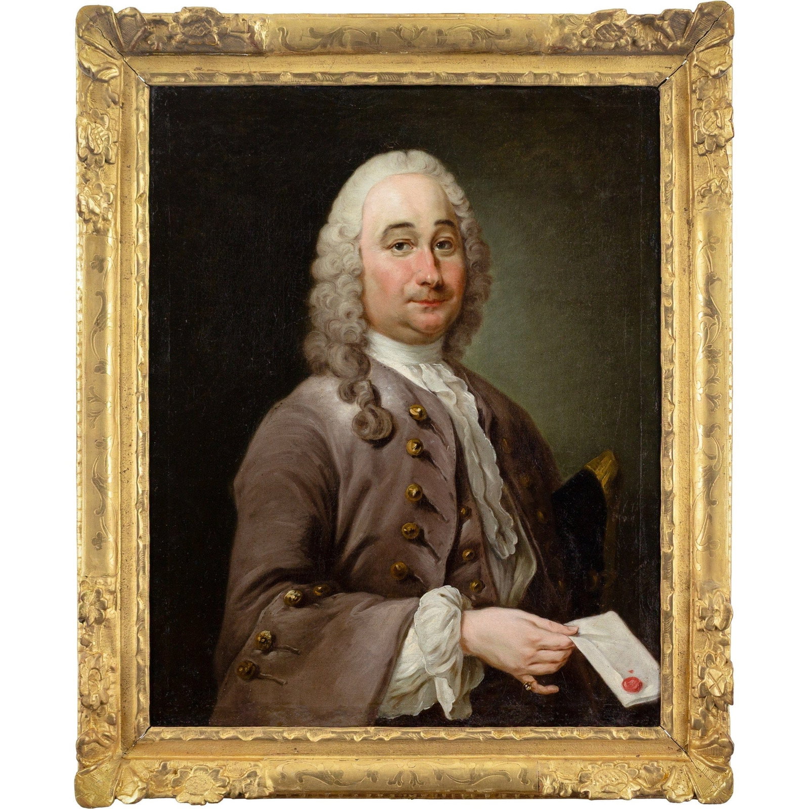 MID-18TH-CENTURY FRENCH SCHOOL PORTRAIT OF A GENTLEMAN WITH A LETTER: Year: c. 1750 Size: 31½” x 38” / 80cm x 97cm Medium: Oil on canvas Description: This mid-18th-century French oil painting depicts a composed gentleman exhibited half-length against 