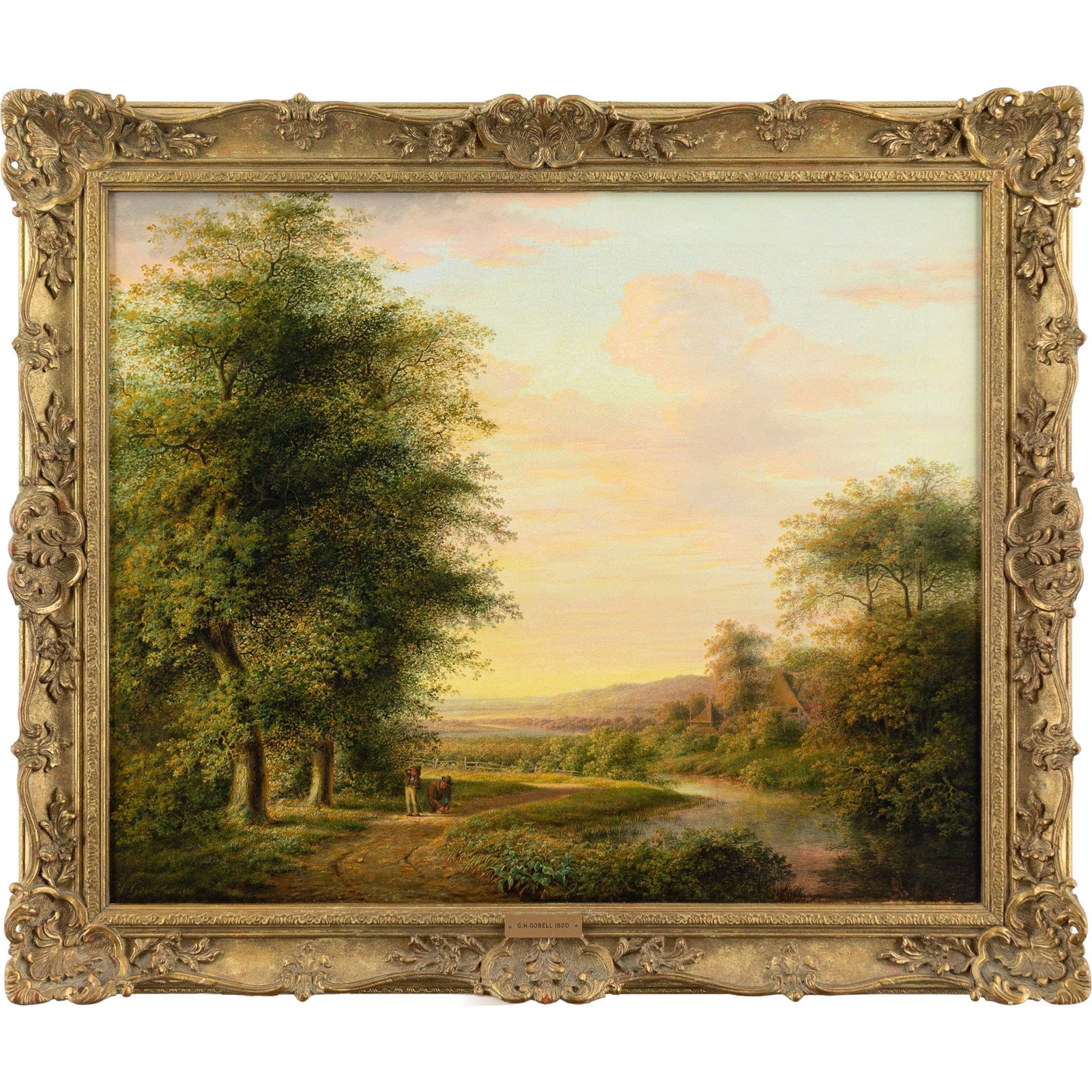 GERRIT HENDRIK GÖBEL, FATHER AND SON IN A LANDSCAPE: Year: 1820 Size: 31 x 26 1/2 in / 79cm x 67cm Medium: Oil on canvas Description: Gerrit Hendrik Göbel (1786-1833) created this oil painting in the early 19th century, depicting a peaceful agricultura