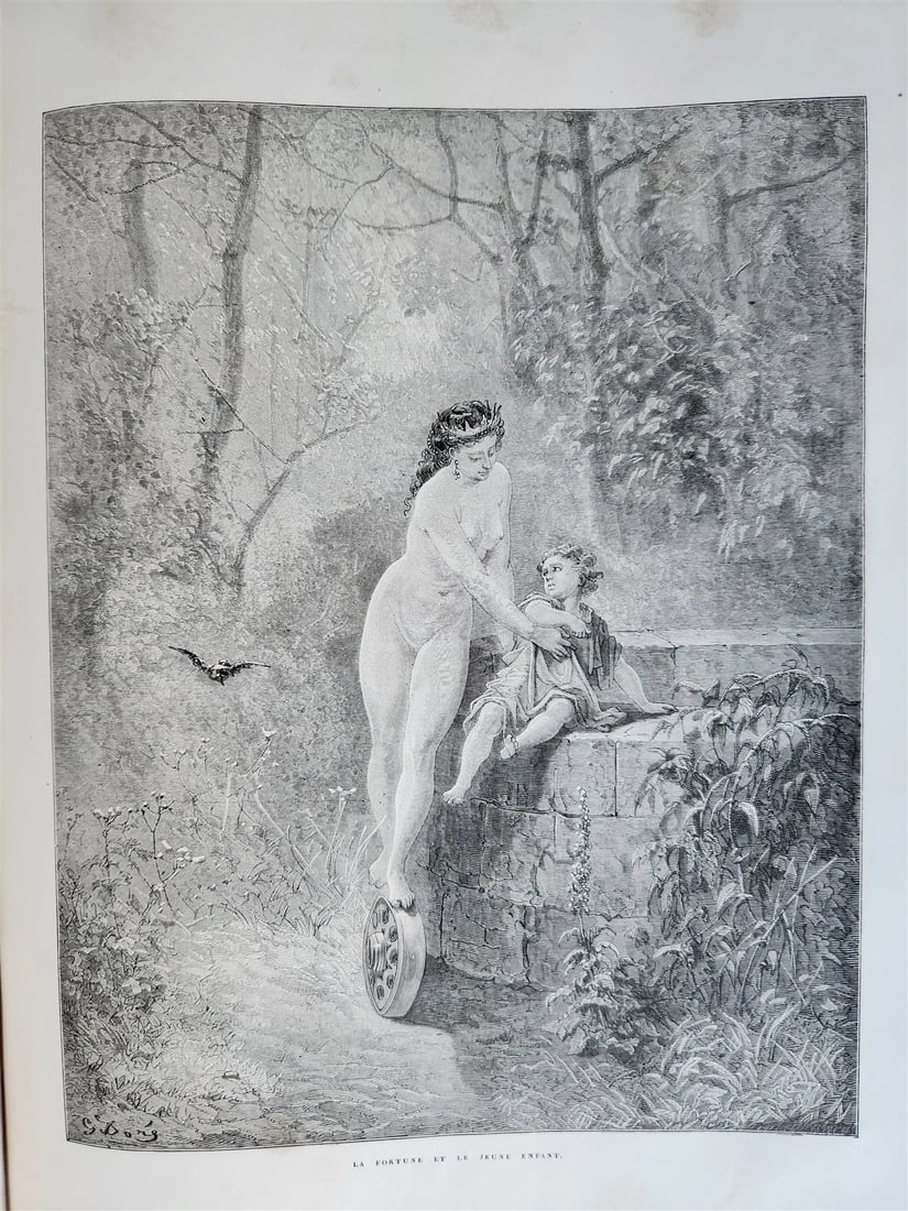 1868 GUSTAVE DORE'S ILLUSTRATED MASSIVE FOLIO, FABLES DE LA FONTAINE: Year/Century: 17th century Language: French Subject: Illustrated Binding: Leather Description: Gustave Dore illustrated FABLES DE LA FONTAINE in Paris in 1868. It was ruled in gilt and featured half l