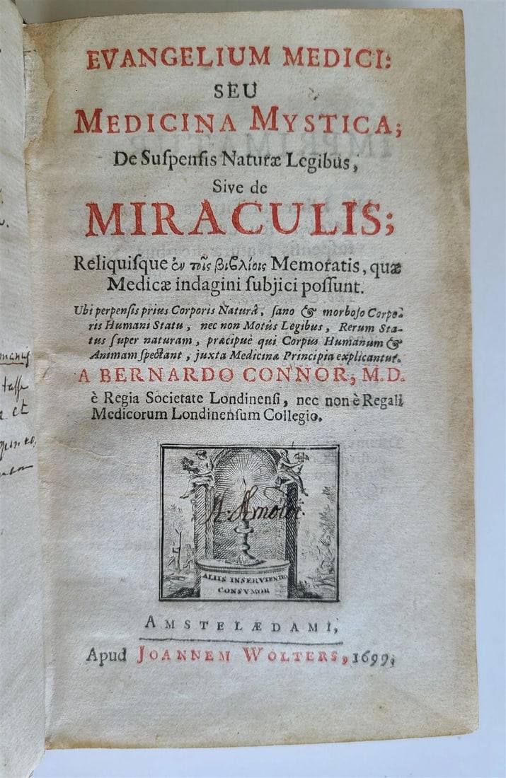BERNARD CONNOR'S 1699 EVANGELIUM MEDICI SEU MEDICINA MYSTICA ANTIQUE VELLUM: Year/Century: 17th century Language: Latin Subject: Religion & Spirituality Binding: Vellum Description: EVANGELIUM MEDICI SEU MEDICINA MYSTICA. DE SUSPENSIS NATURAE LEGIBUS SIVE DE MIRACULIS [...]. b