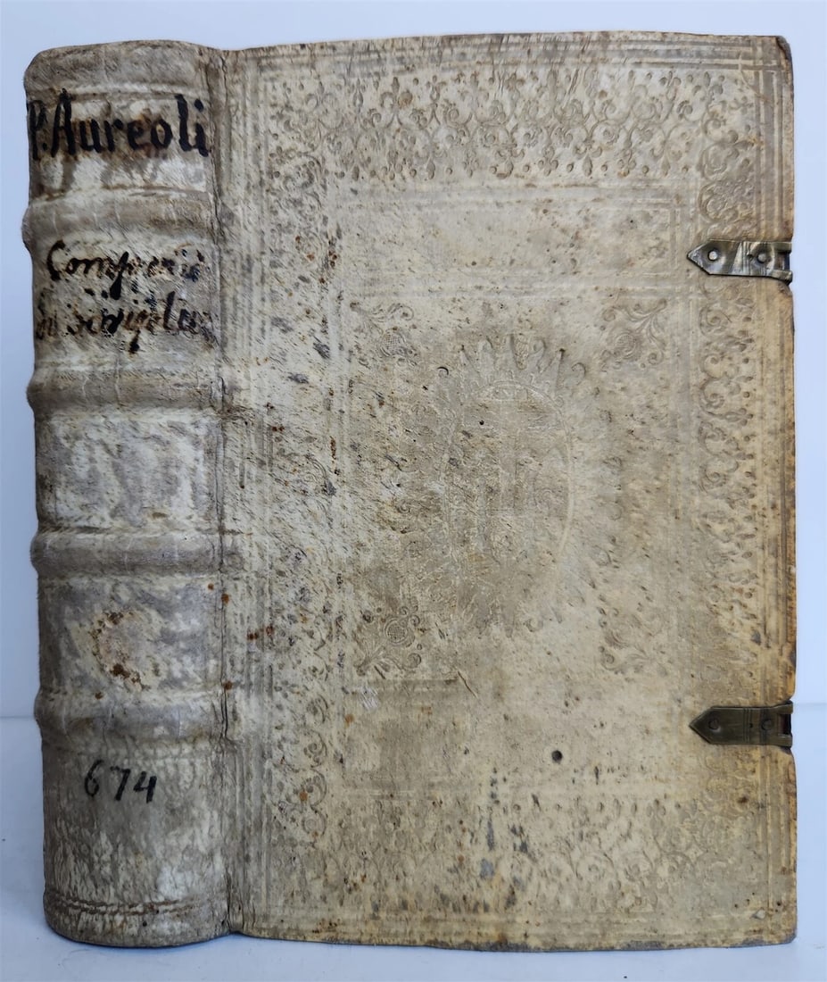 PETRUS AUREOLI'S 1610 BIBLE COMMENTARY, AN ANTIQUE PIECE OF BLIND STAMPED PIGSKIN WITH CLASPS: Year/Century: 17th century Language: Latin Subject: History Binding: Vellum Description: Aureoli, Petrus Notationes in universam sacram scripturam, quibus omnia fere loca difficilia quae tam in veteri