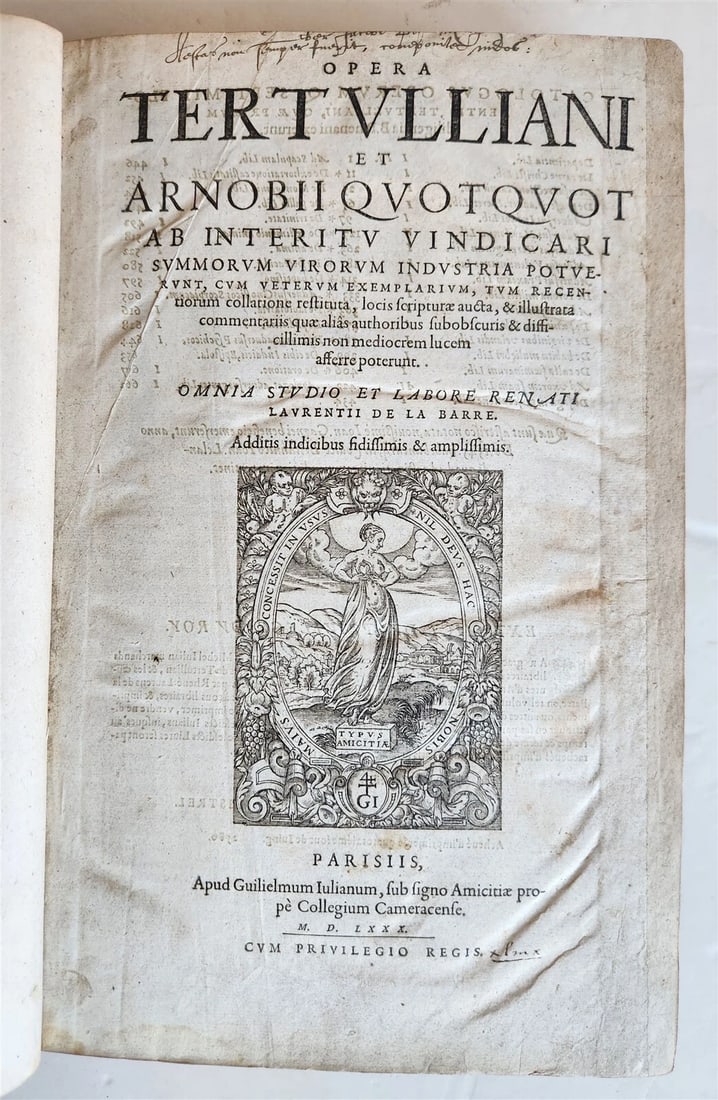 OPERA TERTULLIANI ANTIQUE 16TH-CENTURY FOLIO, 1580: Year/Century: 16th century Language: Latin Subject: Philosophy Binding: Hardcover Description: Paris: OPERA TERTULLIANI, 1580, folio. Dimensions: 9 by 13 1/4" Later binding without a spine panel and w