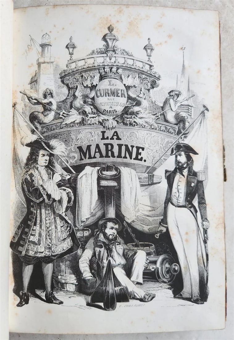 THE HISTORICAL ILLUSTRATION OF THE ANCIENT LA MARINE KING OF HANOVER PROVINCE FROM 1844: Year/Century: 19th century Language: French Subject: Illustrated Binding: Leather Description: Eugene Pacini's La Marine, Paris, Curmer, 1844; 7.5 by 10 inches 22 steel plates, one color flag plate, N