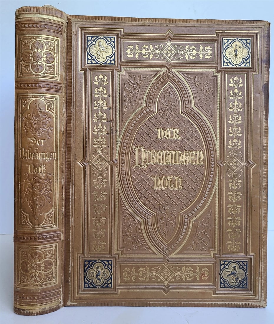 ANCIENT NIBELUNG SONG FROM 1867: STUNNING BINDING ILLUSTRATIONS OF NIBELUNGEN NOT: Year/Century: 19th century Language: German Subject: Illustrated Binding: Leather Description: Karl Simrock adapted Der Nibelungen Not (Song of Nibelungs) into contemporary German. J. Schnorr von Caro