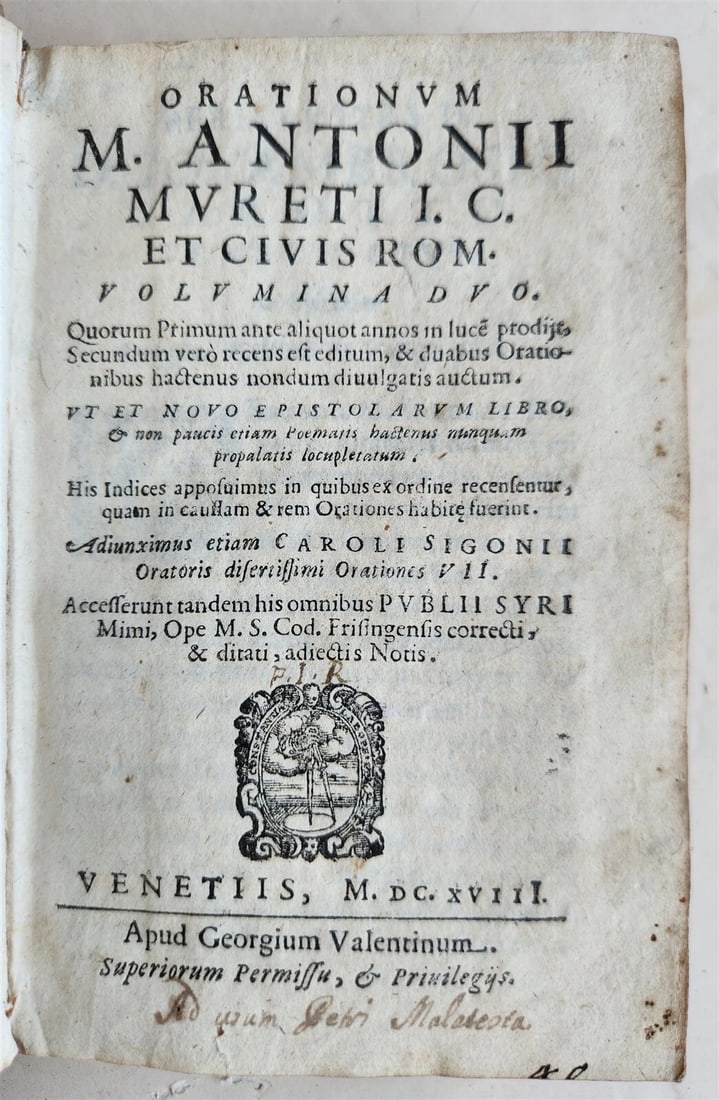 SPEECHES, LETTERS, AND POEMS BY MARC-ANTOINE MURET, ANTIQUE VELLUM BINDING, 1618: Year/Century: 17th century Language: Latin Subject: History Binding: Vellum Description: Muretus, M.A. Orationum volumina duo. One volume, two parts. Valentino, Venice, 1618, 8 pages, 264 pages, 4 pag