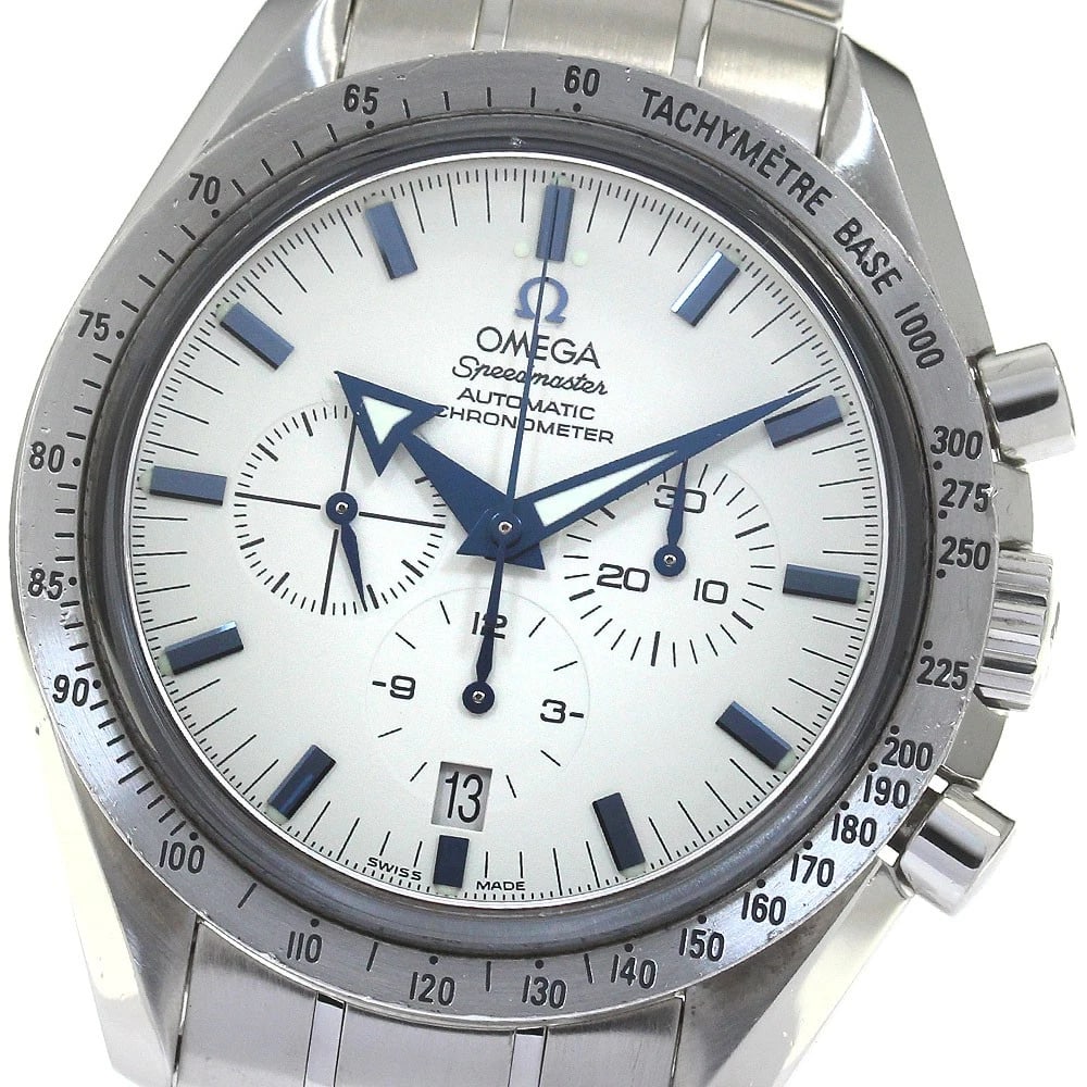 OMEGA SPEEDMASTER BROAD ARROW CHRONOGRAPH WHITE WATCH: OMEGA Speedmaster Broad Arrow Chronograph white Watch Brand: OMEGA Type: Wristwatch Material: Band Material Stainless Steel, Case Material Stainless Steel Color: Band Color Silver, Dial Color white,