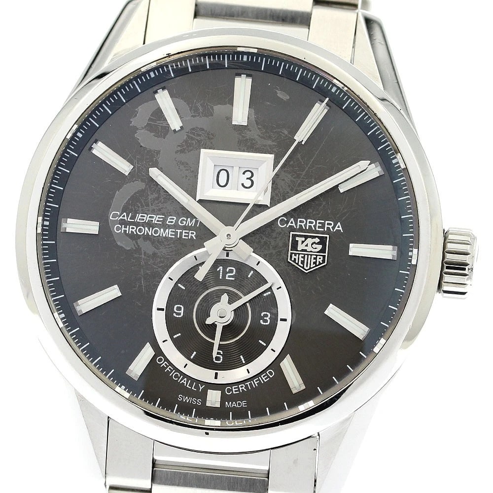 TAG HEUER CARRERA GRAND DATE GMT AUTOMATIC WATCH: TAG HEUER Carrera Grand Date GMT Automatic Watch Brand: TAG HEUER Type: Wristwatch Material: Band Material Stainless Steel, Case Material Stainless Steel Color: Band Color Silver, Dial Color gray,