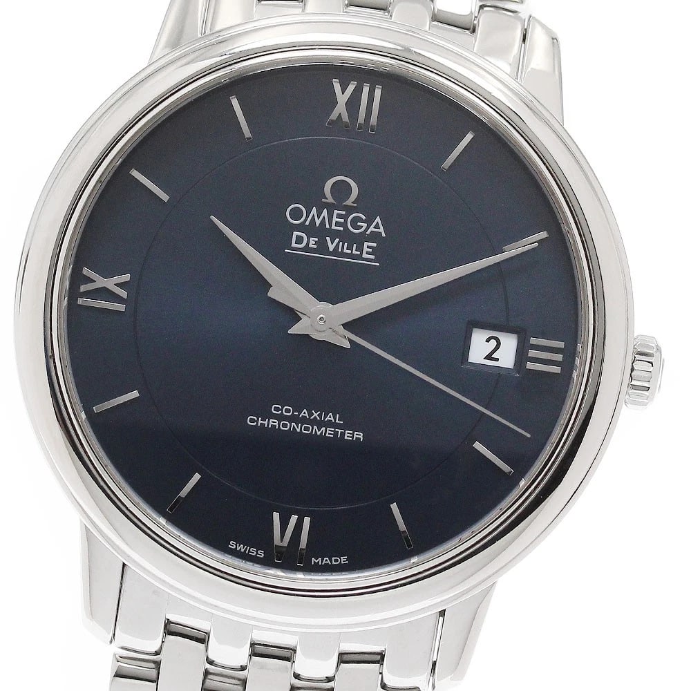 OMEGA DE VILLE PRESTIGE CO-AXIAL CHRONOMETER WATCH: OMEGA De Ville Prestige Co-Axial Chronometer Watch Brand: OMEGA Type: Wristwatch Material: Band Material Stainless Steel, Case Material Stainless Steel Color: Band Color Silver, Dial Color Navy, Case