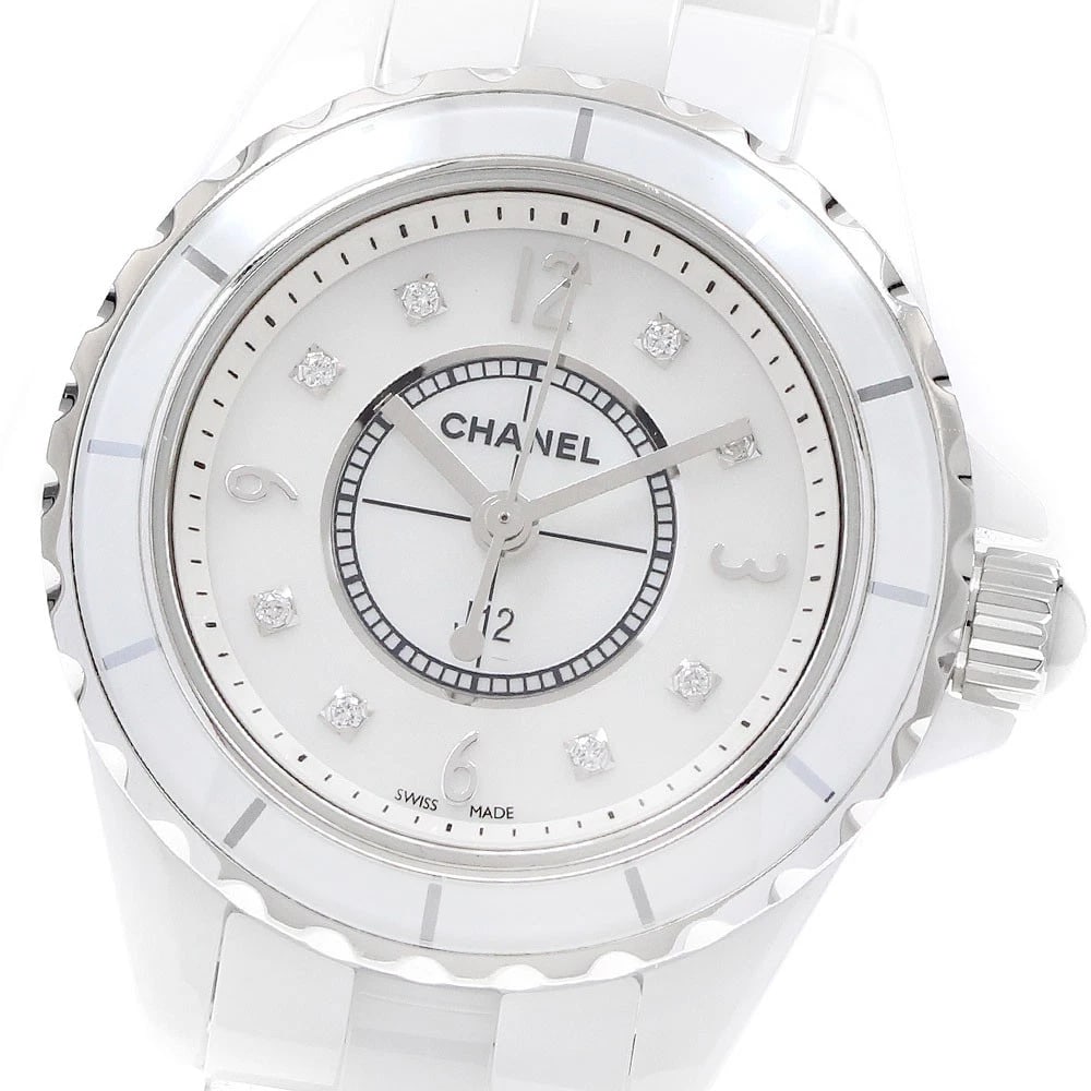 CHANEL J12 WHITE CERAMIC DIAMOND QUARTZ WATCH: CHANEL J12 White ceramic diamond Quartz Watch Brand: CHANEL Type: Wristwatch Material: Band Material ceramic, Case Material Ceramic / Stainless Steel Color: Band Color white, Dial Color white, Case Co