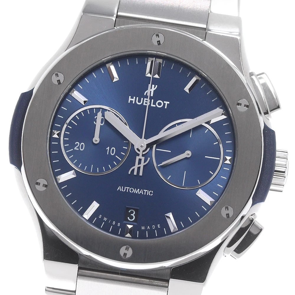 HUBLOT CLASSIC FUSION TITANIUM CHRONOGRAPH AUTOMATIC WATCH: HUBLOT Classic fusion Titanium chronograph Automatic Watch Brand: HUBLOT Type: Wristwatch Material: Band Material Titanium, Case Material Titanium Color: Band Color Silver, Dial Color Navy, Case
