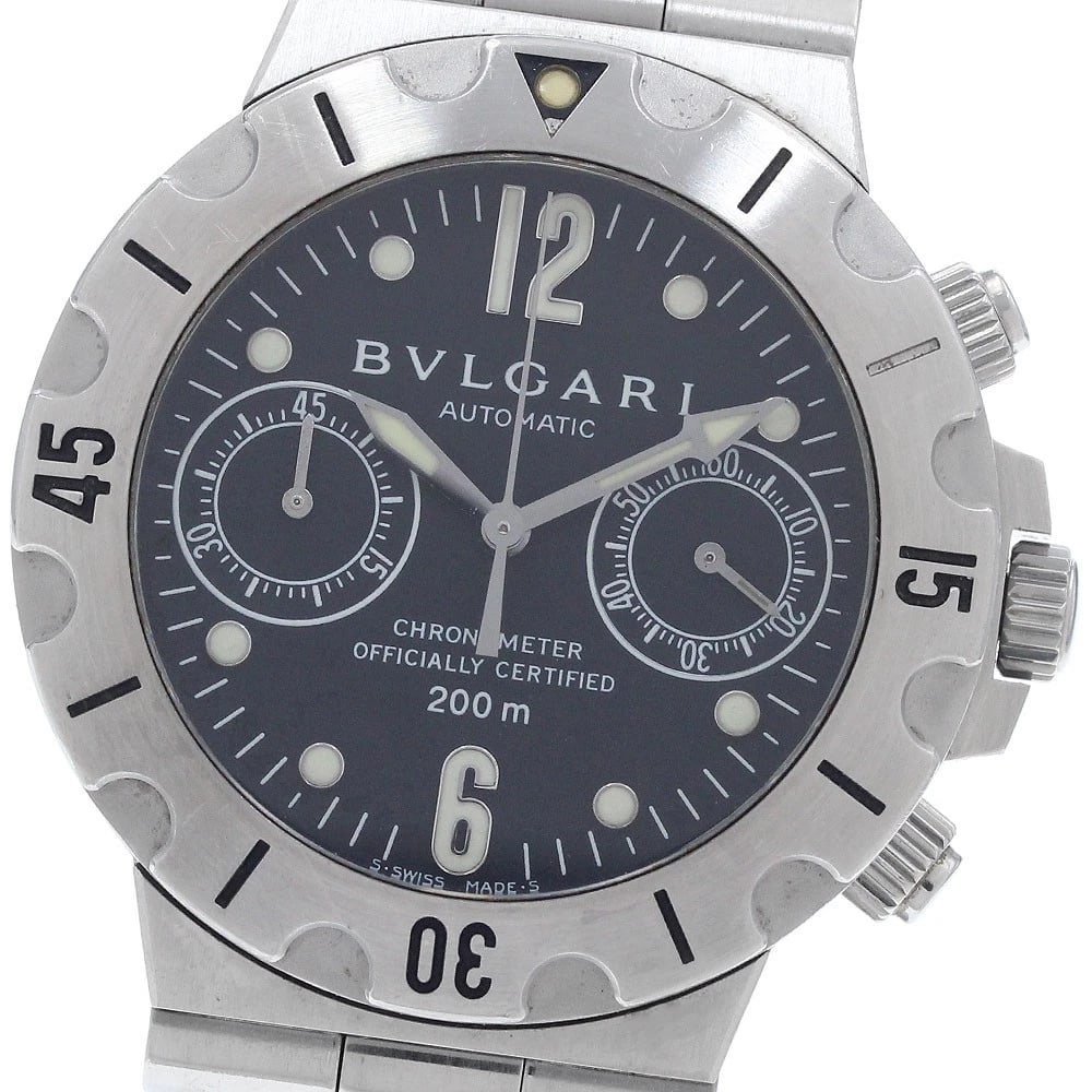 BVLGARI DIAGONO SCUBA CHRONOGRAPH BLACK AUTOMATIC WATCH: BVLGARI Diagono Scuba Chronograph black Automatic Watch Brand: BVLGARI Type: Wristwatch Material: Band Material Stainless Steel, Case Material Stainless Steel Color: Band Color Silver, Dial Color