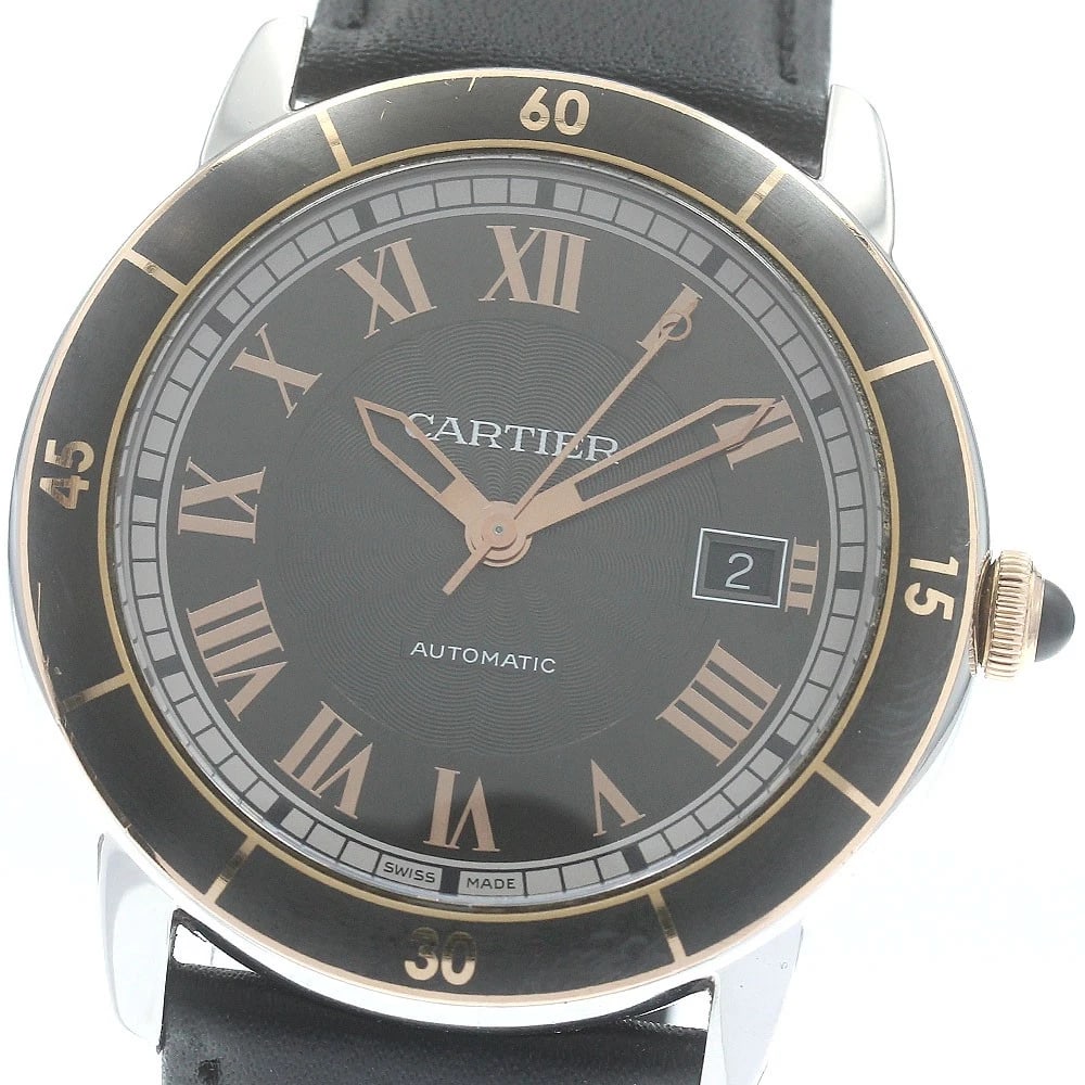 CARTIER CROISIERE DATE GRAY AUTOMATIC WATCH: CARTIER Croisiere Date gray Automatic Watch Brand: CARTIER Type: Wristwatch Material: Band Material leather, Case Material Stainless Steel Color: Band Color black, Dial Color gray, Case Color Silver
