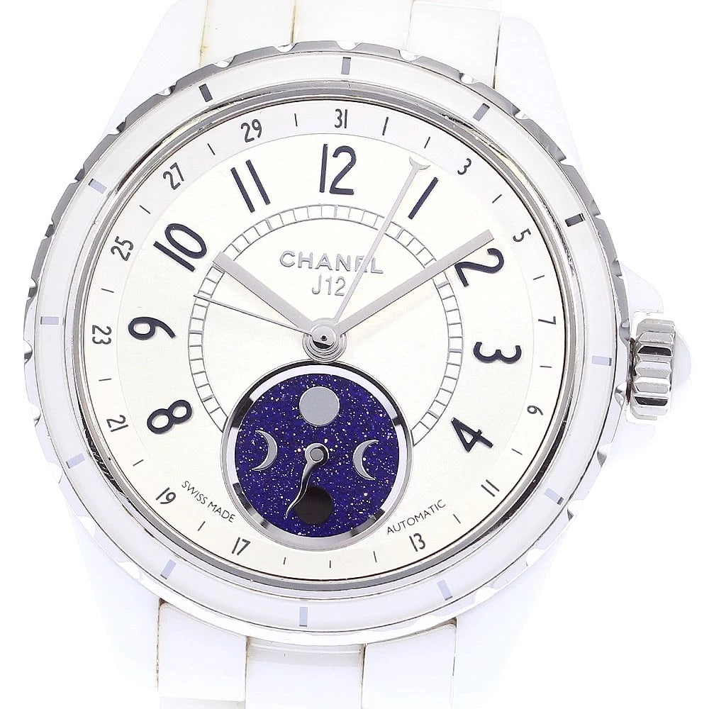 CHANEL J12 FARS DE LUNE MOON PHASE SILVER AUTOMATIC WATCH: CHANEL J12 Fars de Lune Moon phase Silver Automatic Watch Brand: CHANEL Type: Wristwatch Material: Band Material Ceramic / Stainless Steel, Case Material Ceramic / Stainless Steel Color: Band Color Wh