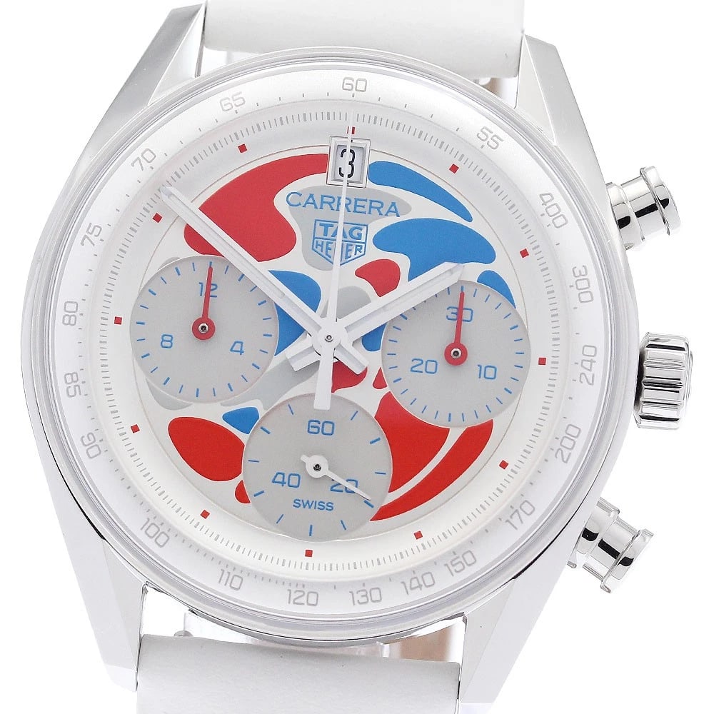 TAG HEUER CARRERA CHRONOGRAPH WATCH: TAG HEUER Carrera Chronograph Watch Brand: TAG HEUER Type: Wristwatch Material: Band Material leather, Case Material Stainless Steel Color: Band Color white, Dial Color Silver, Case Color Silver