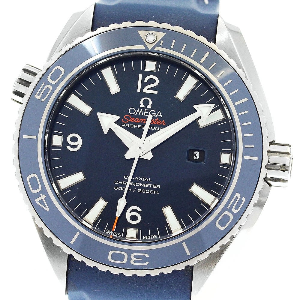OMEGA SEAMASTER PLANET OCEAN NAVY WATCH: OMEGA Seamaster Planet Ocean Navy Watch Brand: OMEGA Type: Wristwatch Material: Band Material rubber, Case Material titanium Color: Band Color Navy, Dial Color Navy, Case Color Silver Size: Case Size 