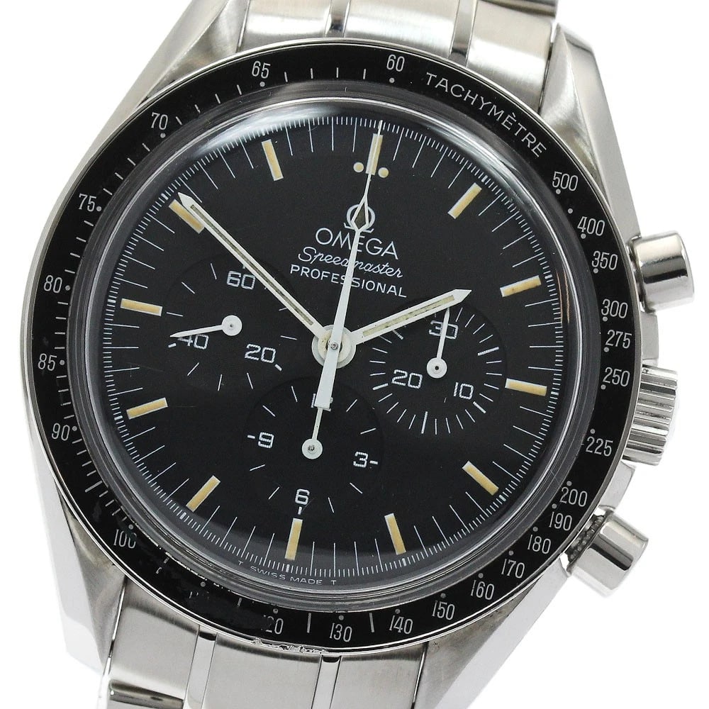 OMEGA SPEEDMASTER PROFESSIONAL MOON WATCH: OMEGA Speedmaster Professional Moon Watch Brand: OMEGA Type: Wristwatch Material: Band Material Stainless Steel, Case Material Stainless Steel Color: Band Color Silver, Dial Color black, Case Color Si