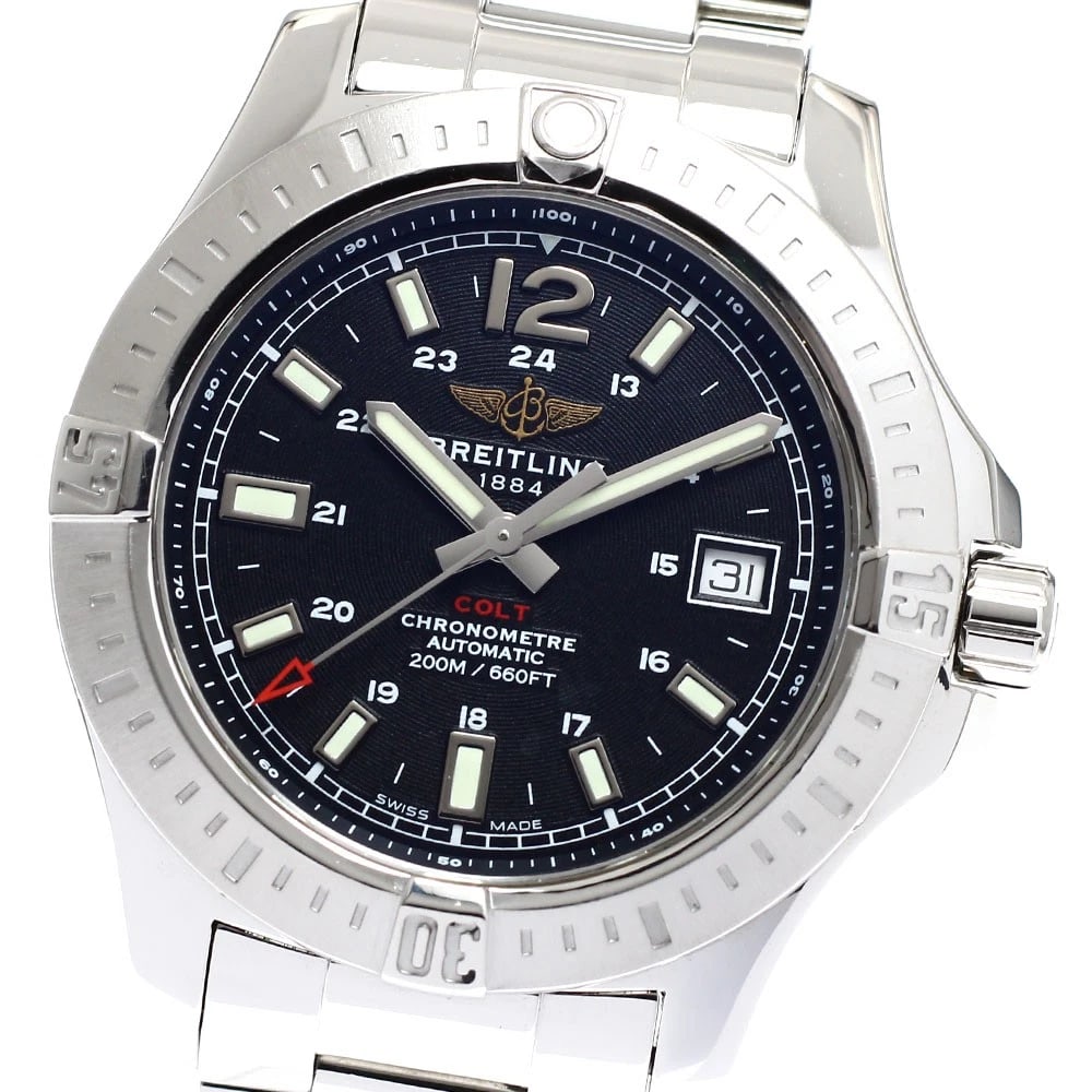 BREITLING DATE CHRONOMETER AUTOMATIC WATCH: BREITLING Date chronometer Automatic Watch Brand: BREITLING Type: Wristwatch Material: Band Material Stainless Steel, Case Material Stainless Steel Color: Band Color Silver, Dial Color black, Case Col