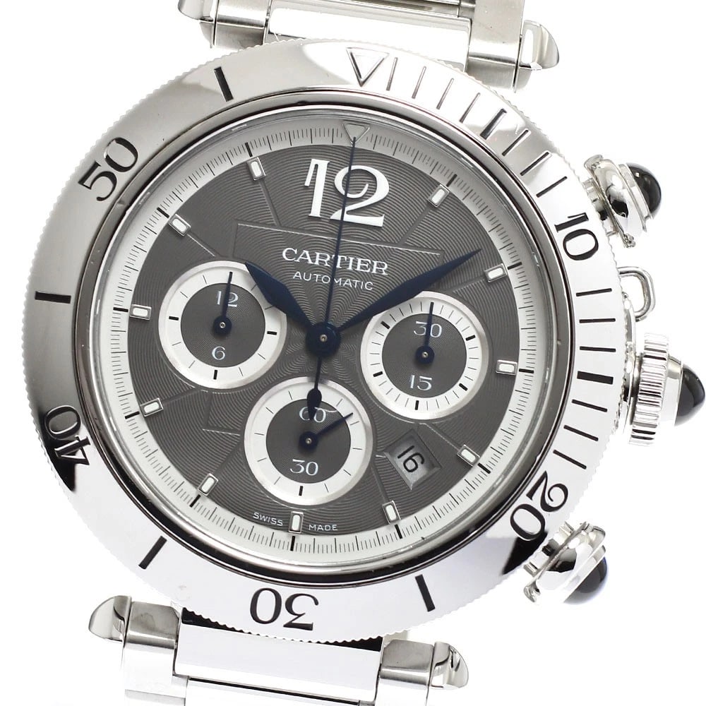 CARTIER PASHA WATCH CHRONOGRAPH AUTOMATIC WATCH: CARTIER Pasha watch Chronograph Automatic Watch Brand: CARTIER Type: Wristwatch Material: Band Material Stainless Steel, Case Material Stainless Steel Color: Band Color Silver, Dial Color Gray /