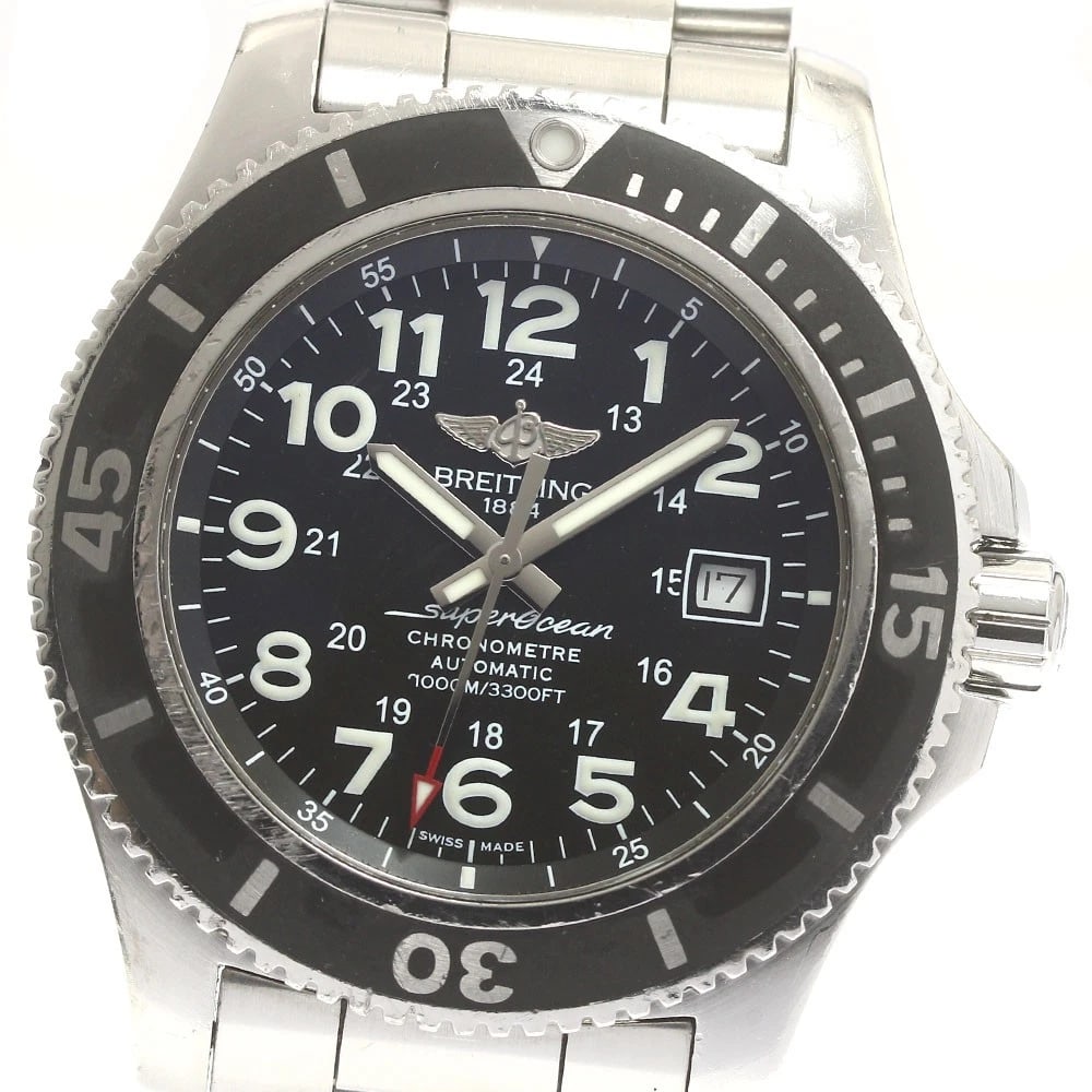 BREITLING SUPER OCEAN DATE BLACK AUTOMATIC WATCH: BREITLING Super Ocean Date Black Automatic Watch Brand: BREITLING Type: Wristwatch Material: Band Material Stainless Steel, Case Material Stainless Steel Color: Band Color Silver, Dial Color black,