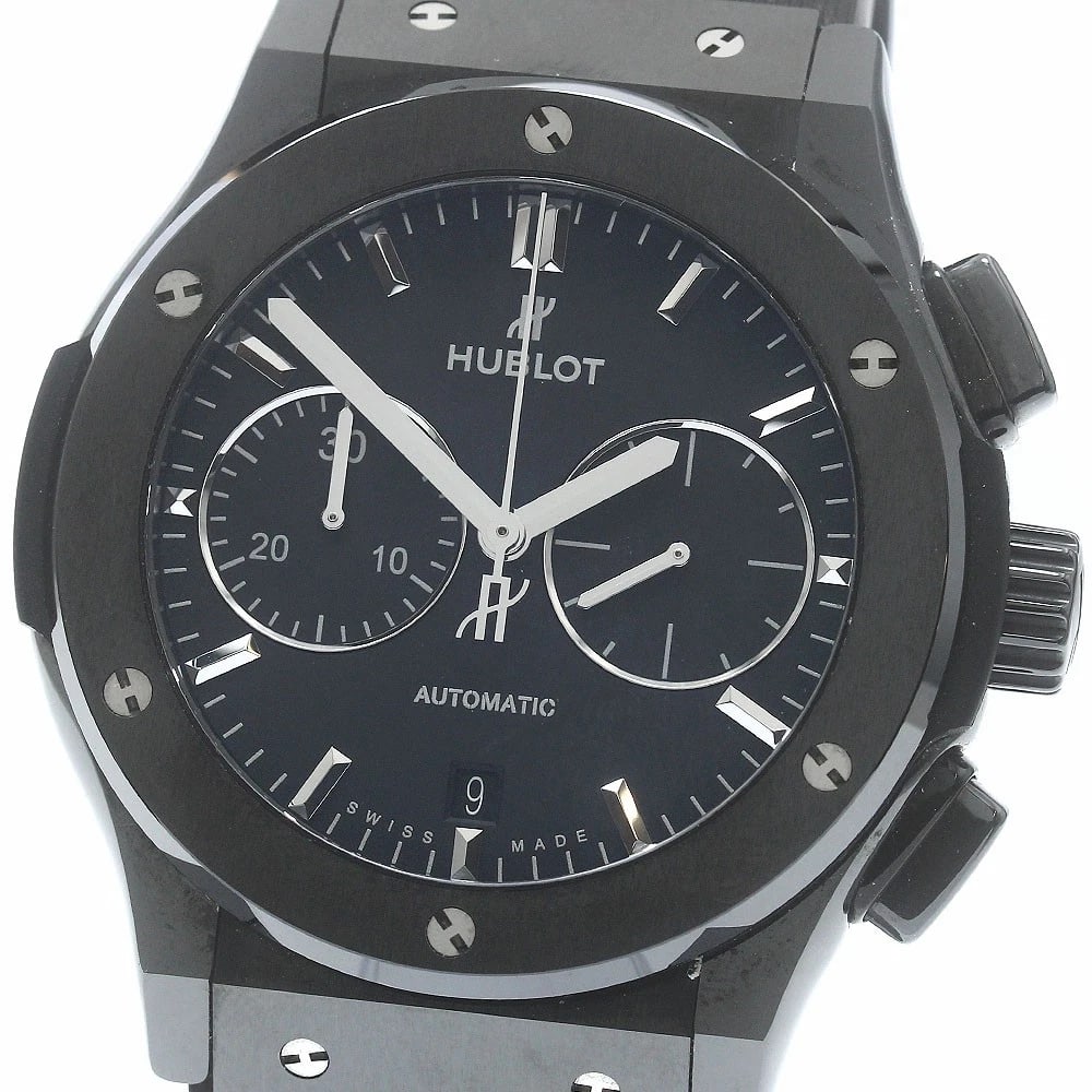 HUBLOT CLASSIC FUSION BLACK DATE CHRONOGRAPH AUTOMATIC WATCH: HUBLOT Classic fusion black Date Chronograph Automatic Watch Brand: HUBLOT Type: Wristwatch Material: Band Material rubber, Case Material ceramic Color: Band Color black, Dial Color black, Case Color 