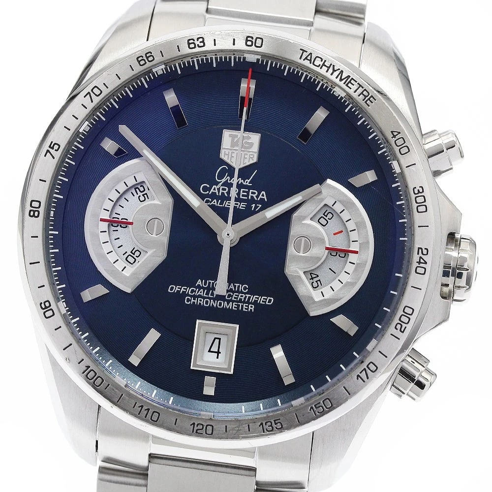 TAG HEUER GRAND CARRERA CHRONOGRAPH AUTOMATIC WATCH: TAG HEUER Grand Carrera Chronograph Automatic Watch Brand: TAG HEUER Type: Wristwatch Material: Band Material Stainless Steel, Case Material Stainless Steel Color: Band Color Silver, Dial Color Navy,