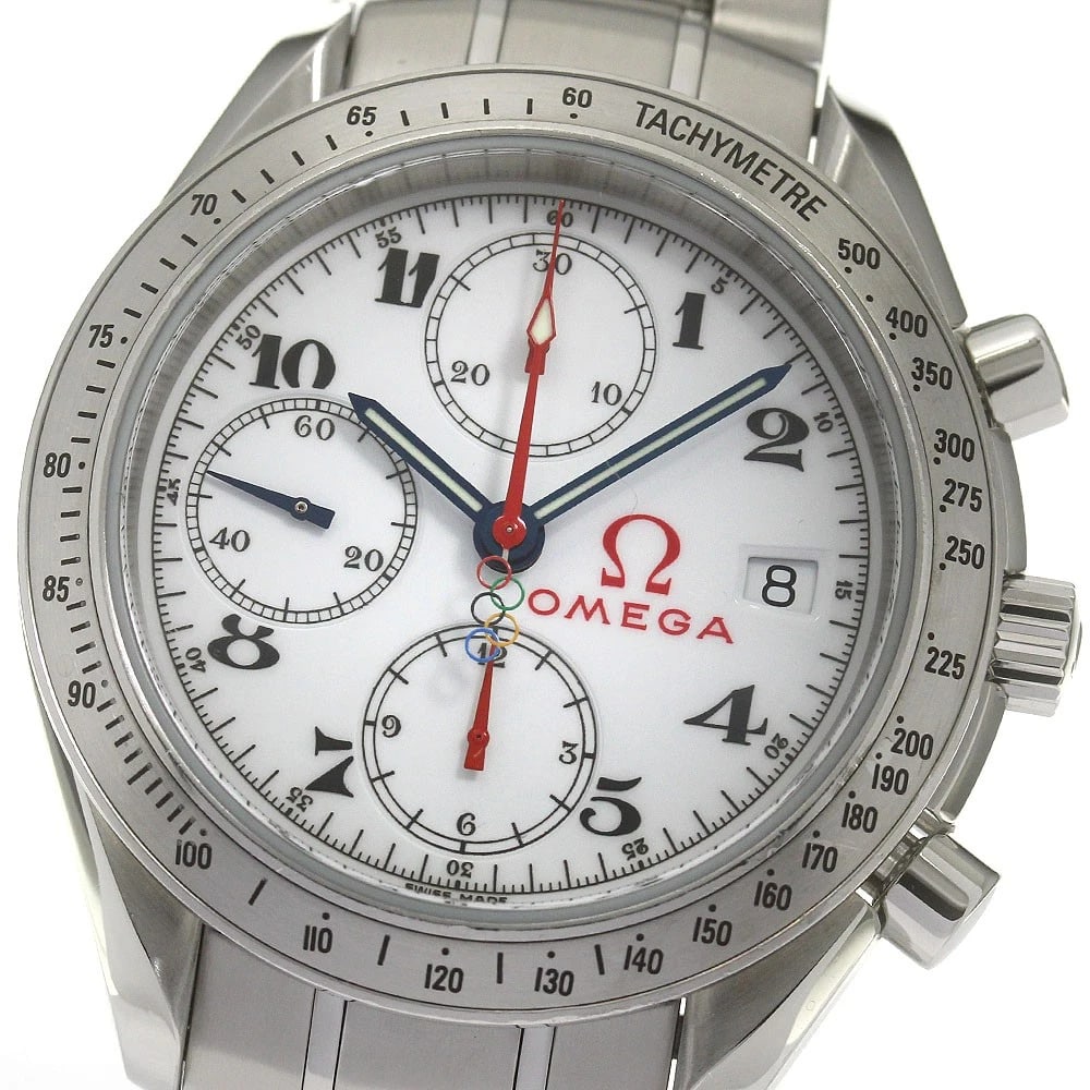 OMEGA SPEEDMASTER OLYMPIC AUTOMATIC WATCH: OMEGA Speedmaster Olympic Automatic Watch Brand: OMEGA Type: Wristwatch Material: Band Material Stainless Steel, Case Material Stainless Steel Color: Band Color Silver, Dial Color white, Case Color