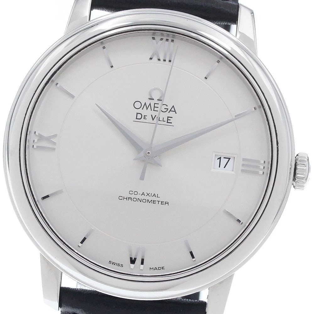 OMEGA DE VILLE PRESTIGE COAXIAL DATE AUTOMATIC WATCH: OMEGA De Ville Prestige Coaxial Date Automatic Watch Brand: OMEGA Type: Wristwatch Material: Band Material leather, Case Material Stainless Steel Color: Band Color black, Dial Color Silver, Case